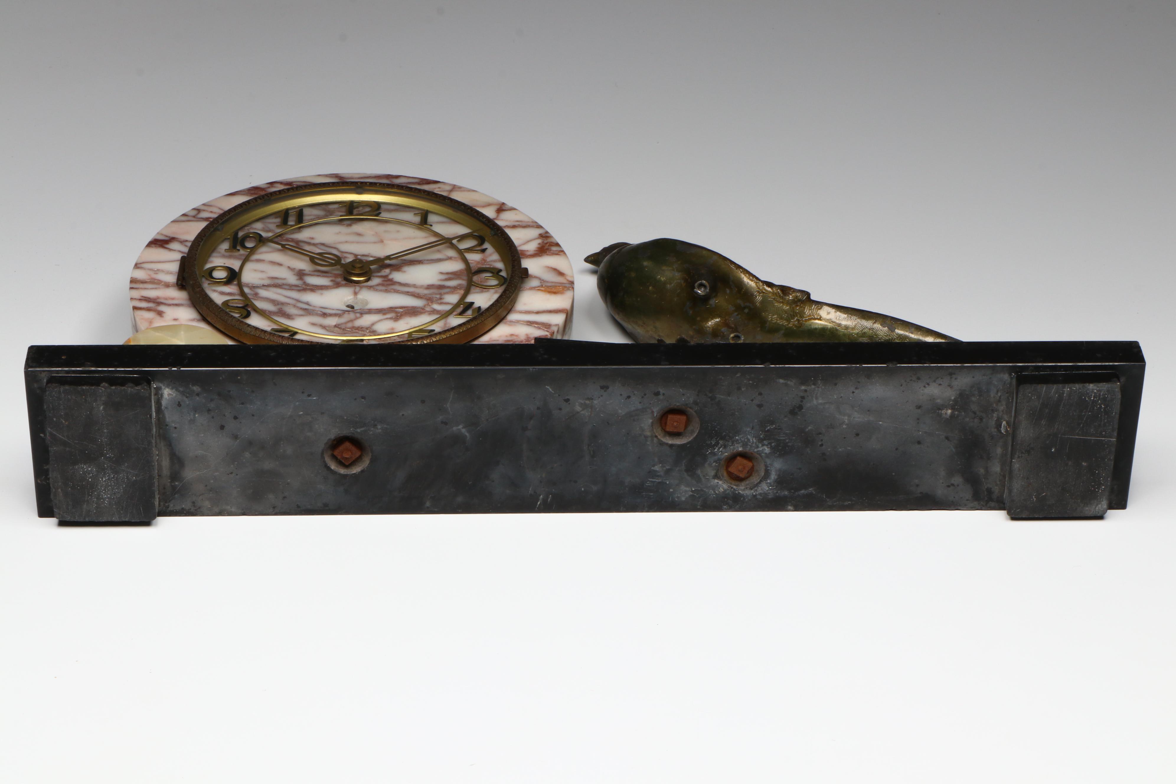 Art Deco Marble Desk Clock with Patinated Stylized Pheasant Garniture