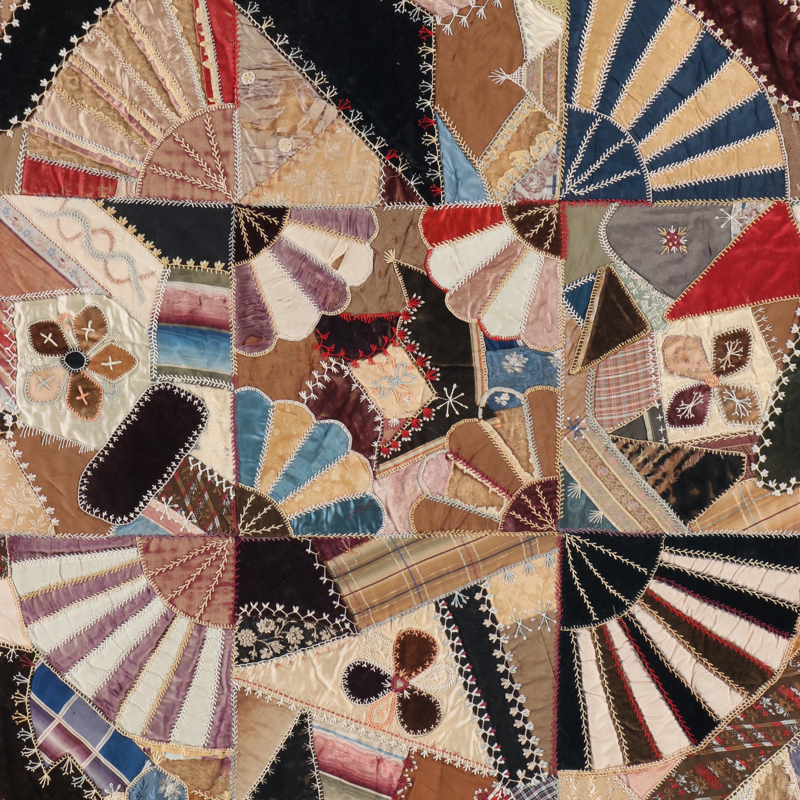 Victorian Hand-Embroidered Crazy Quilt with Alphabet Sampler and More