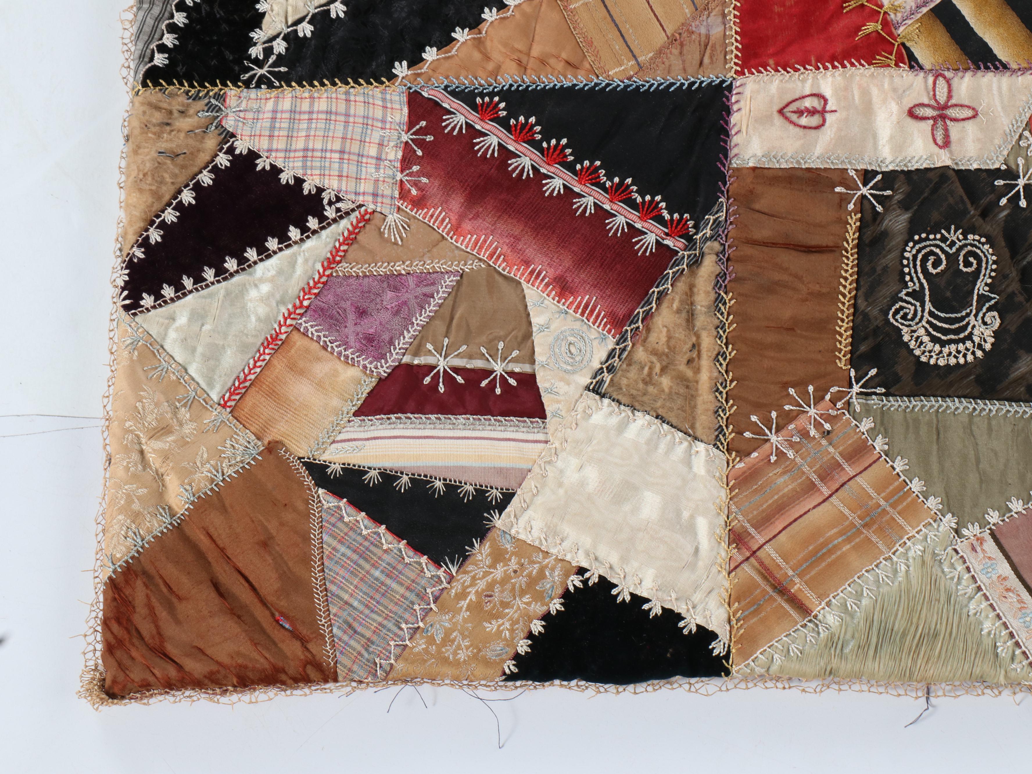 Victorian Hand-Embroidered Crazy Quilt with Alphabet Sampler and More