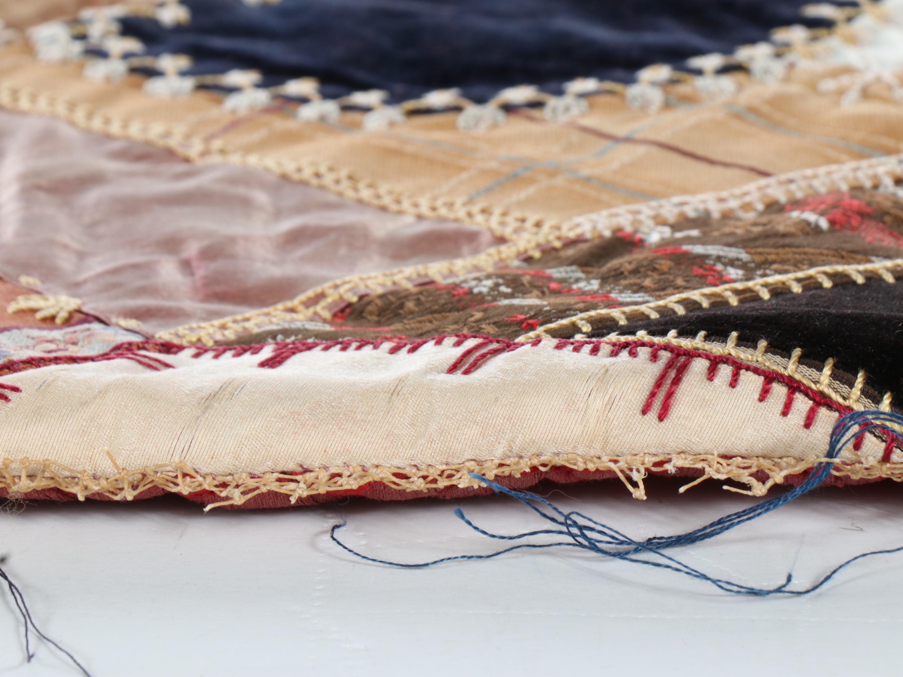 Victorian Hand-Embroidered Crazy Quilt with Alphabet Sampler and More