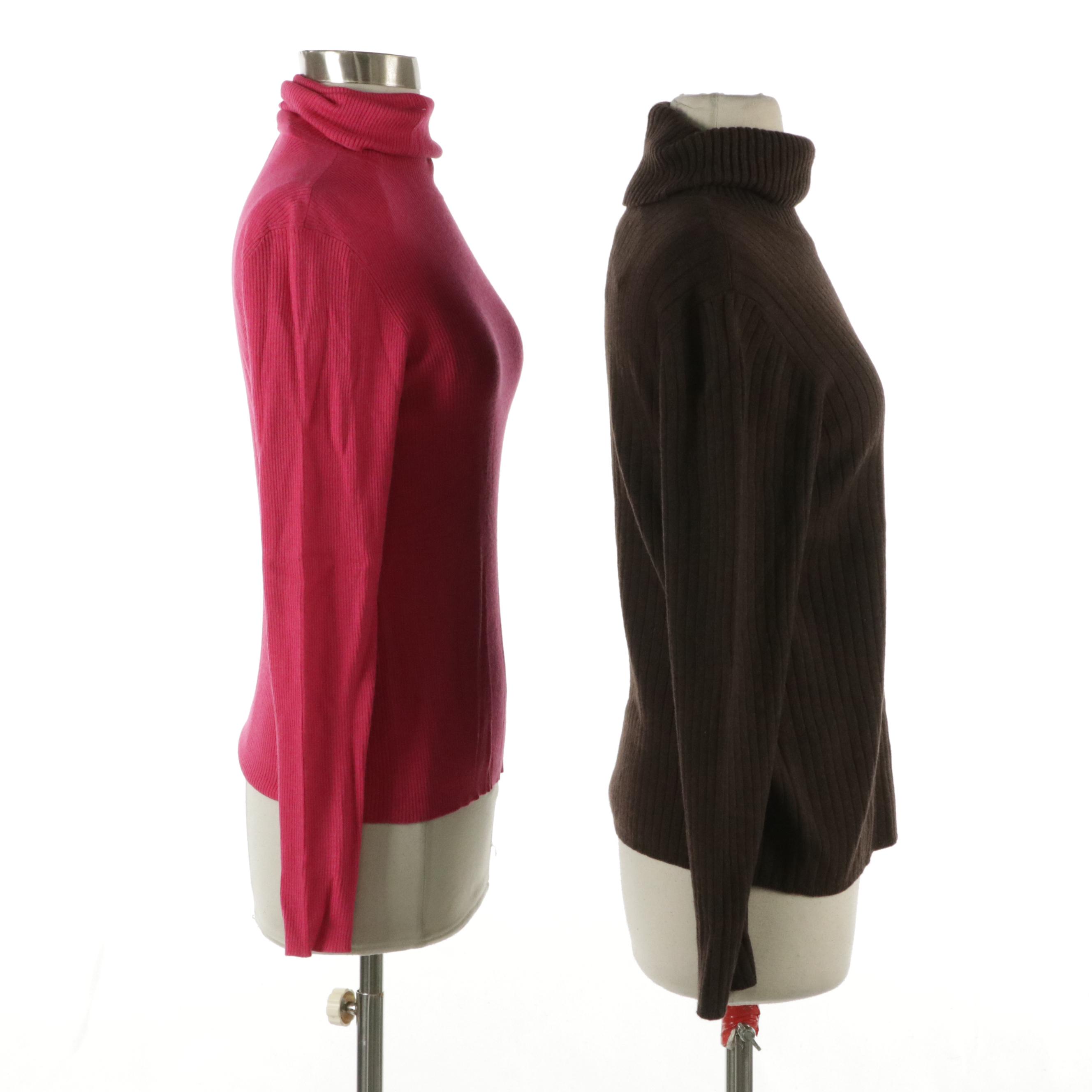 Escada Pink and Brown Silk, Cashmere and Wool Blend Turtleneck Sweaters, W/ Tags