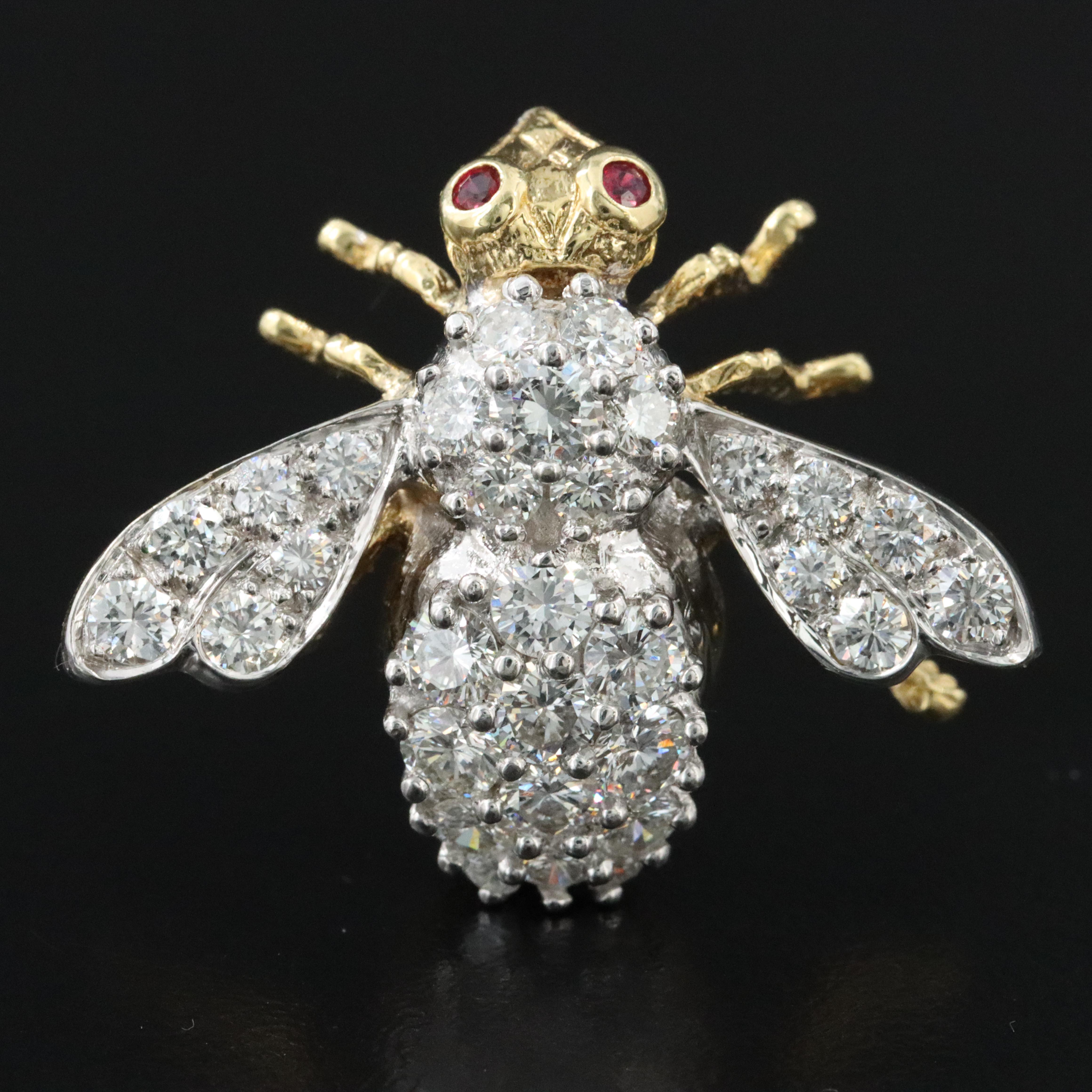 Herbert Rosenthal 18K 2.50 CTW Diamond Bee Pin with Ruby Eyes