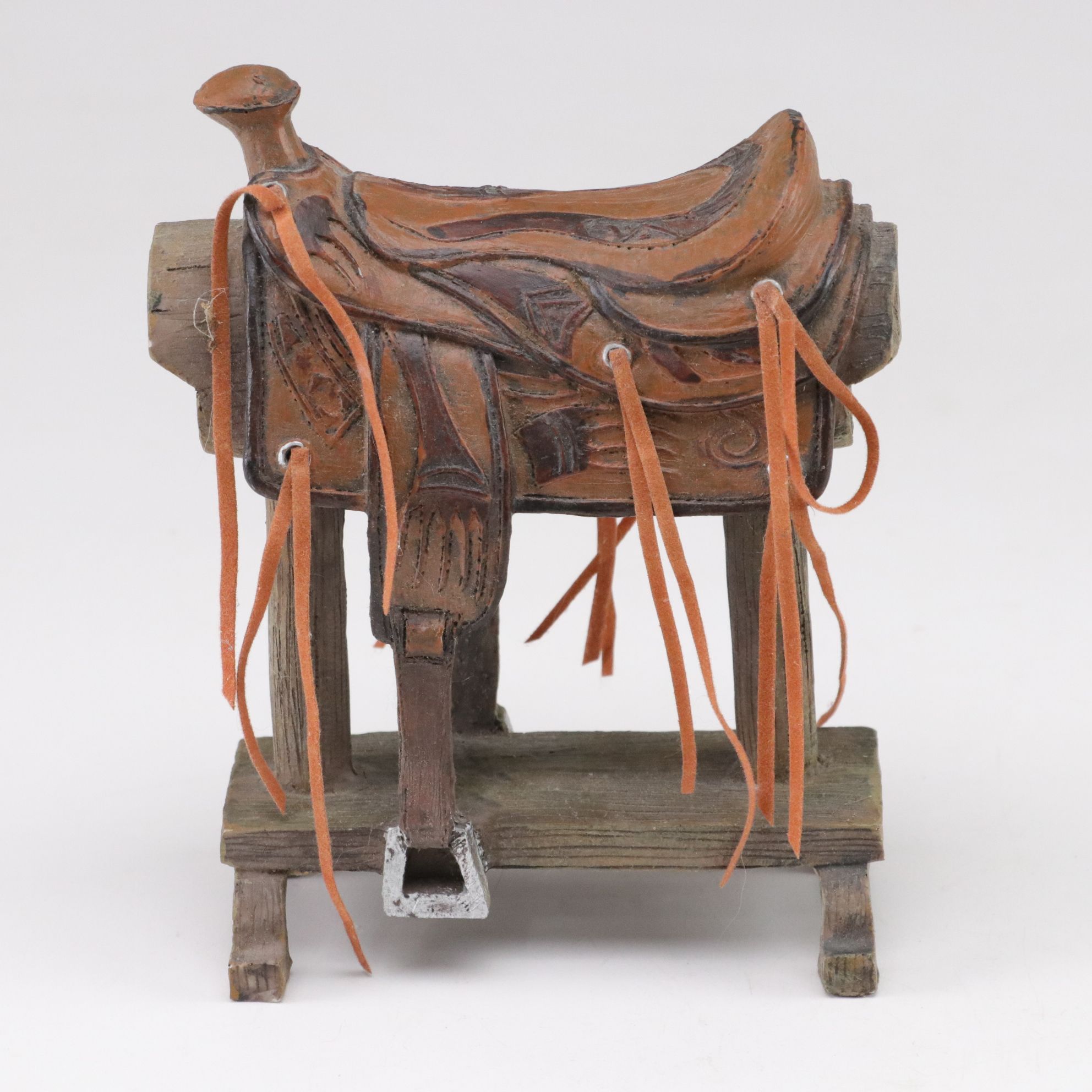 Carved Resin & Porcelain Eagles with American Flag and Western Saddle Figurines