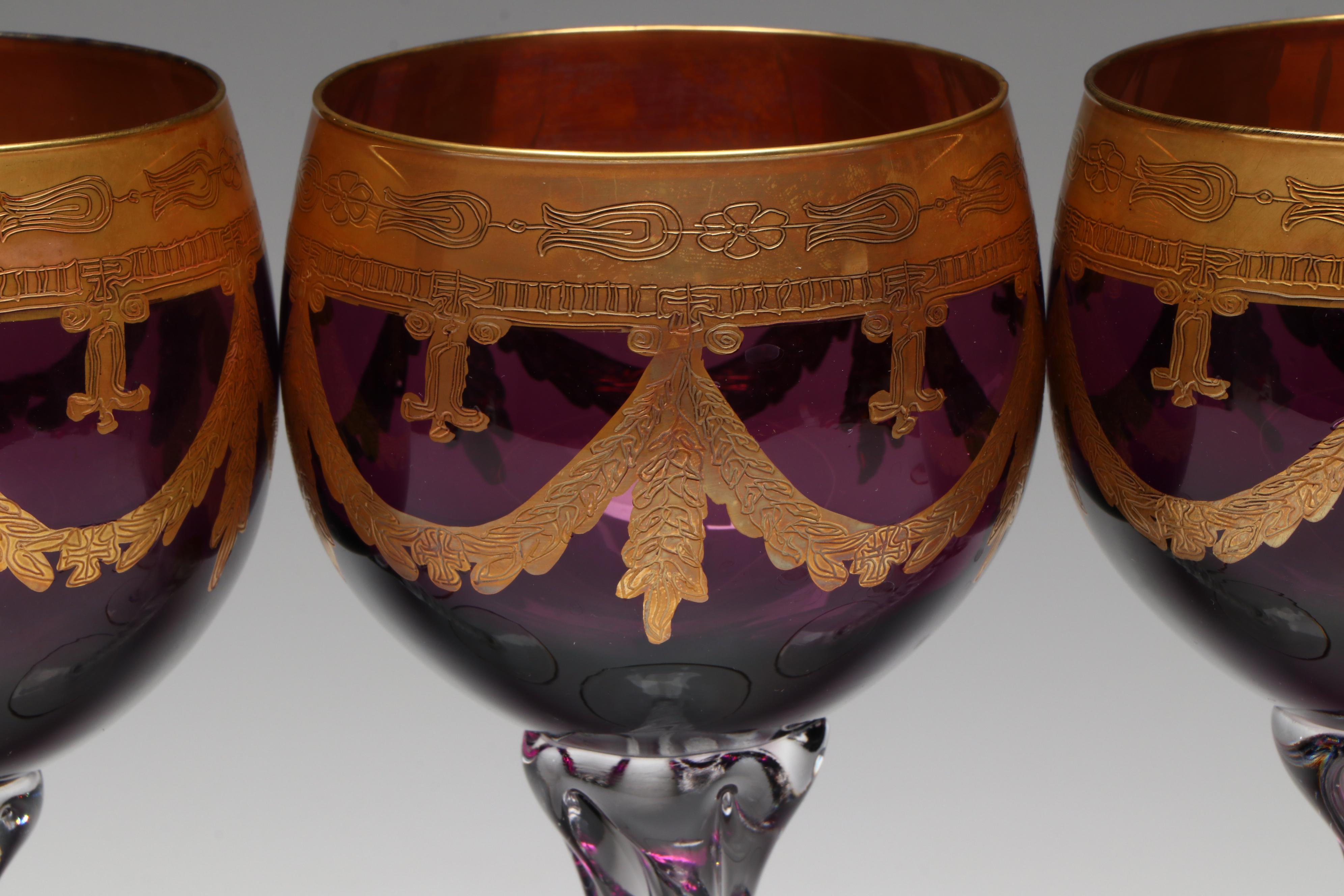 Gilt-Decorated Amethyst Glass Hock Wine Glasses with Clear Twist Stems