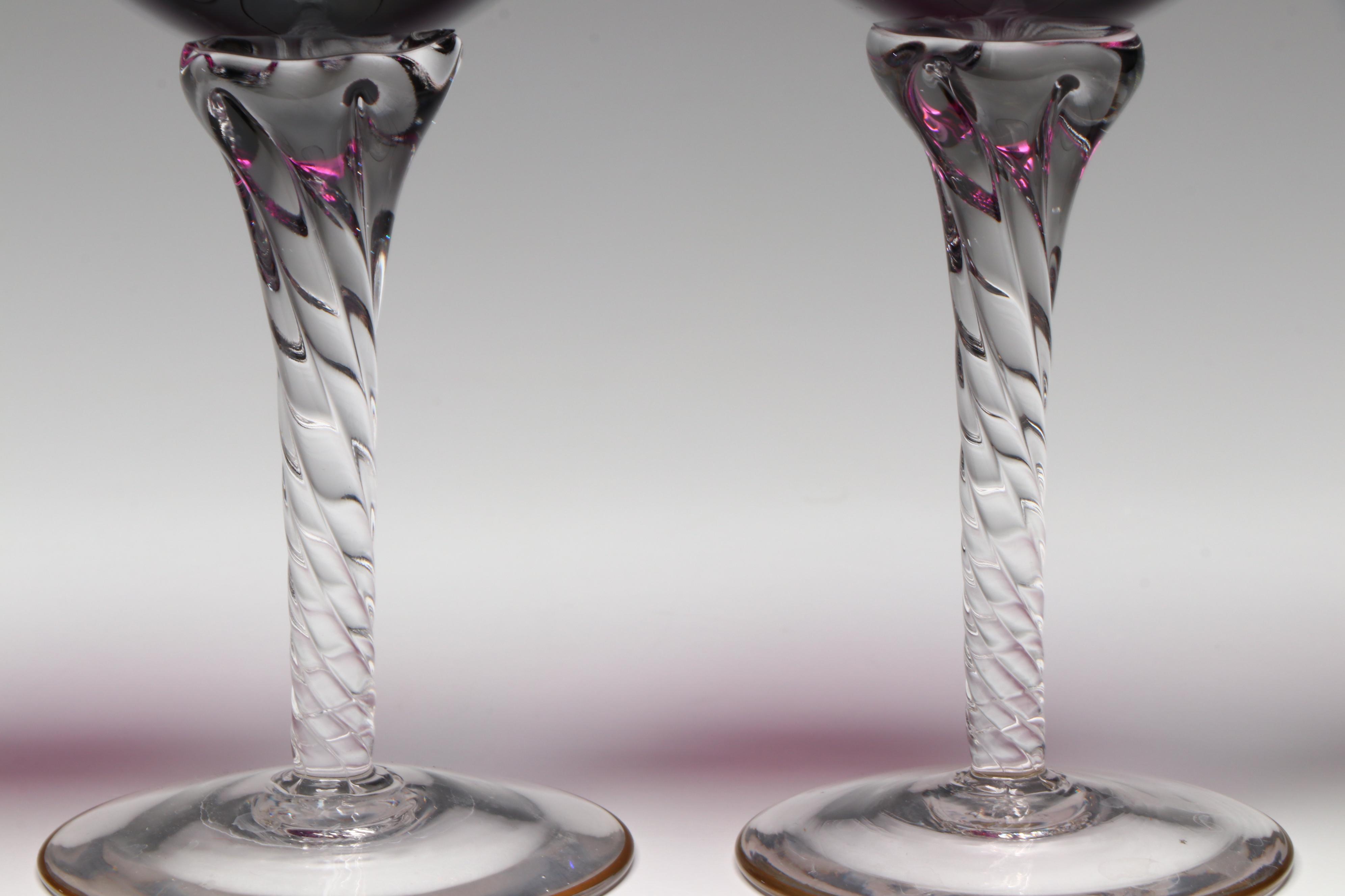 Gilt-Decorated Amethyst Glass Hock Wine Glasses with Clear Twist Stems