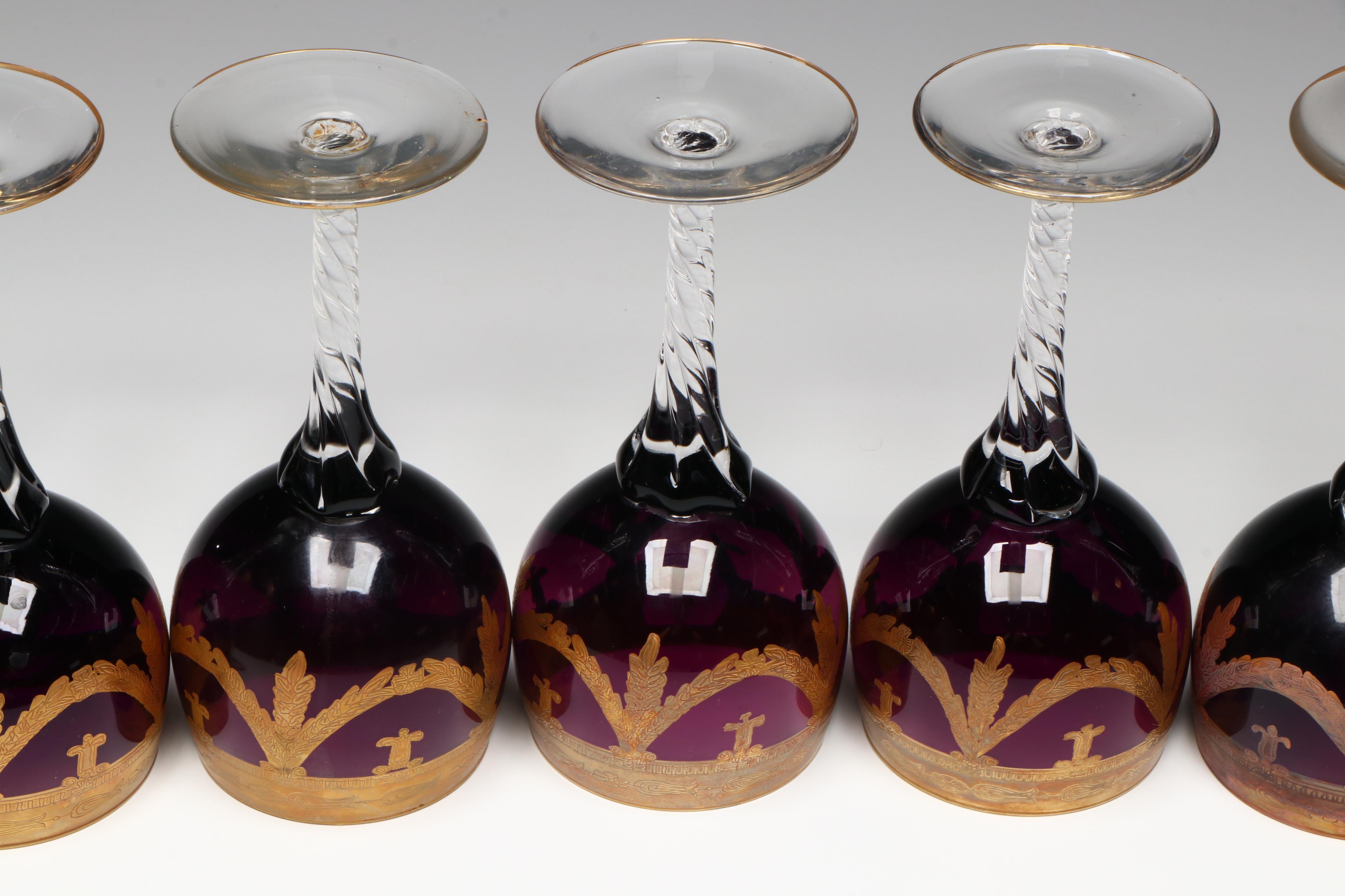 Gilt-Decorated Amethyst Glass Hock Wine Glasses with Clear Twist Stems
