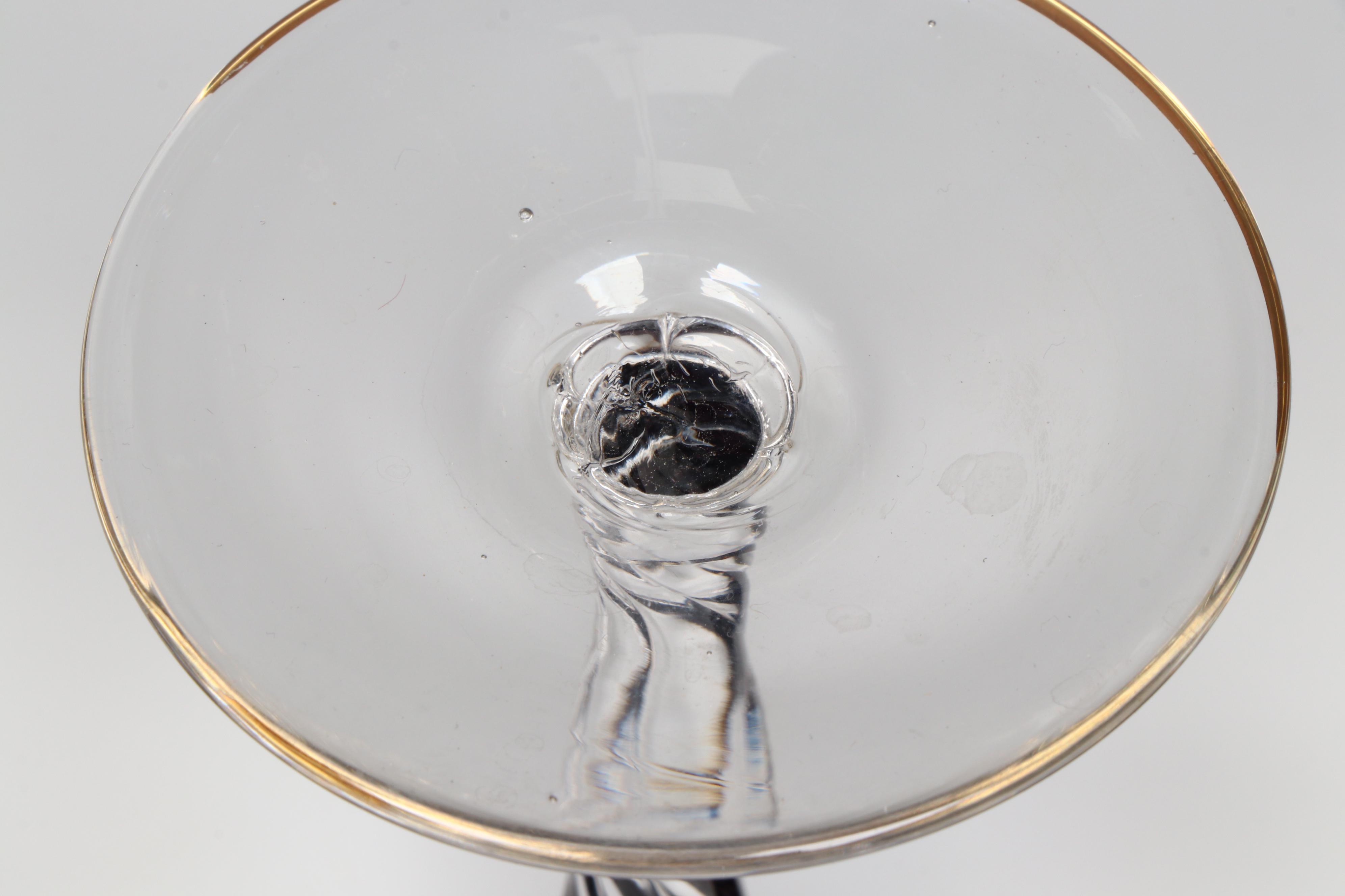 Gilt-Decorated Amethyst Glass Hock Wine Glasses with Clear Twist Stems