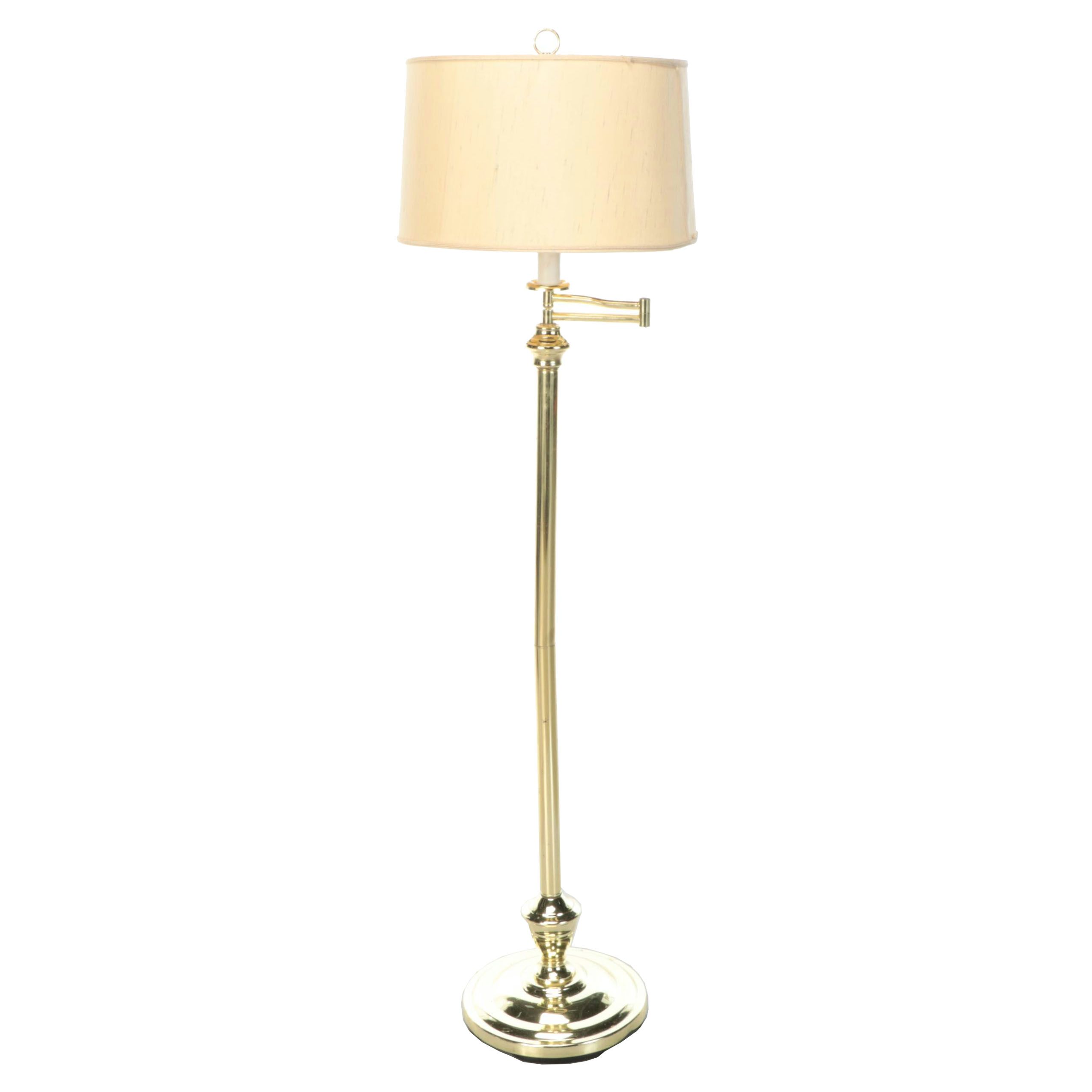 Lacquered Brass Swing Arm Floor Lamp with Drum Shade