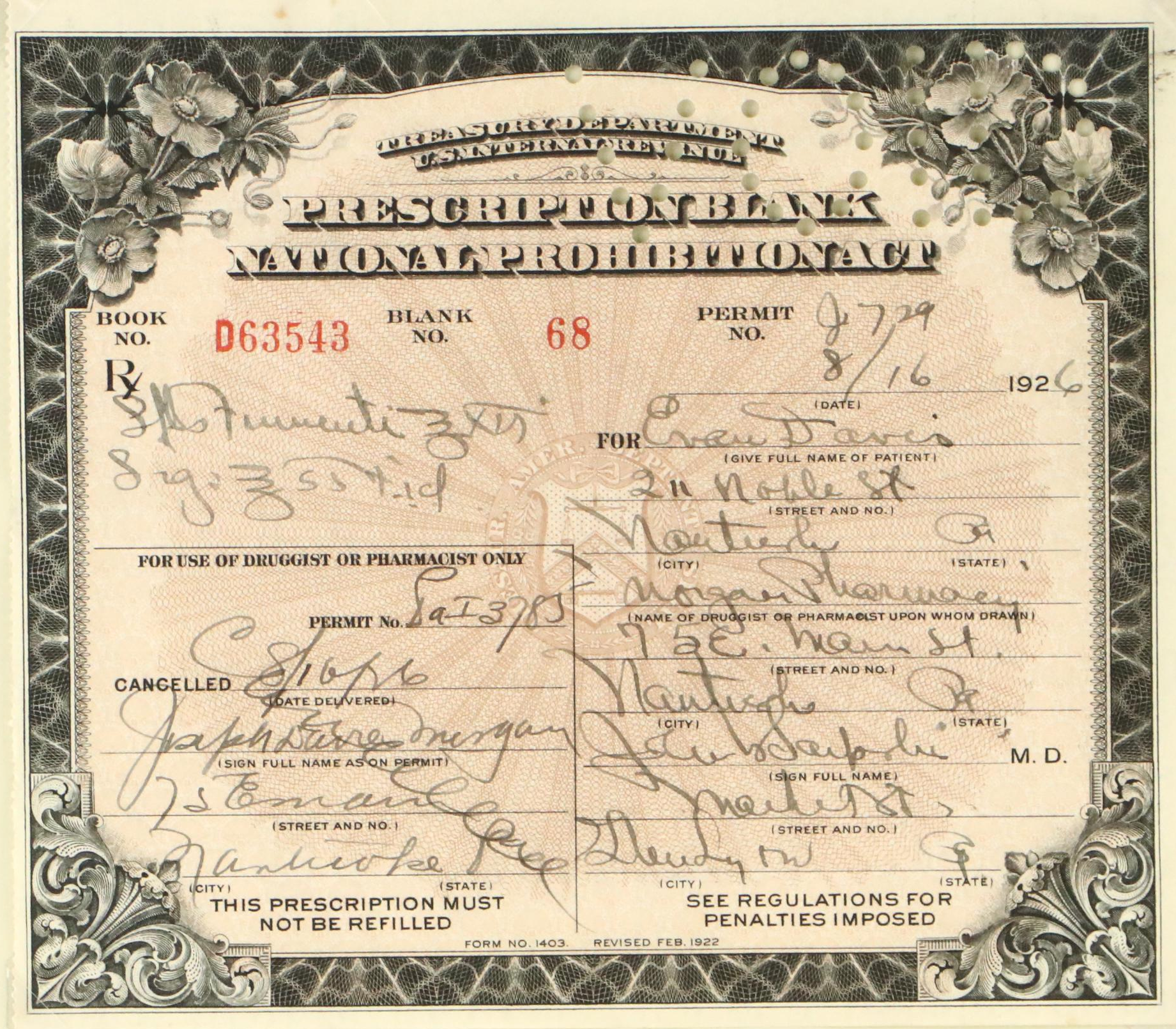 Prohibition Era Prescription Form for Alcohol, 1926