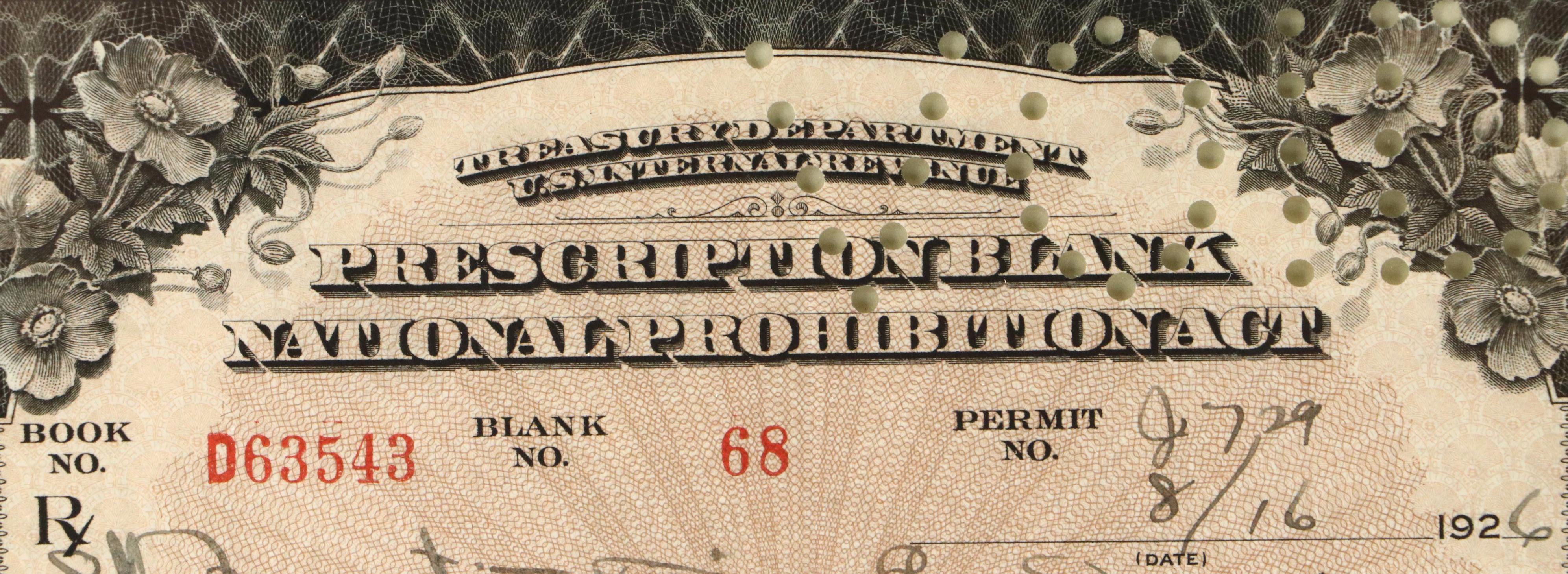 Prohibition Era Prescription Form for Alcohol, 1926