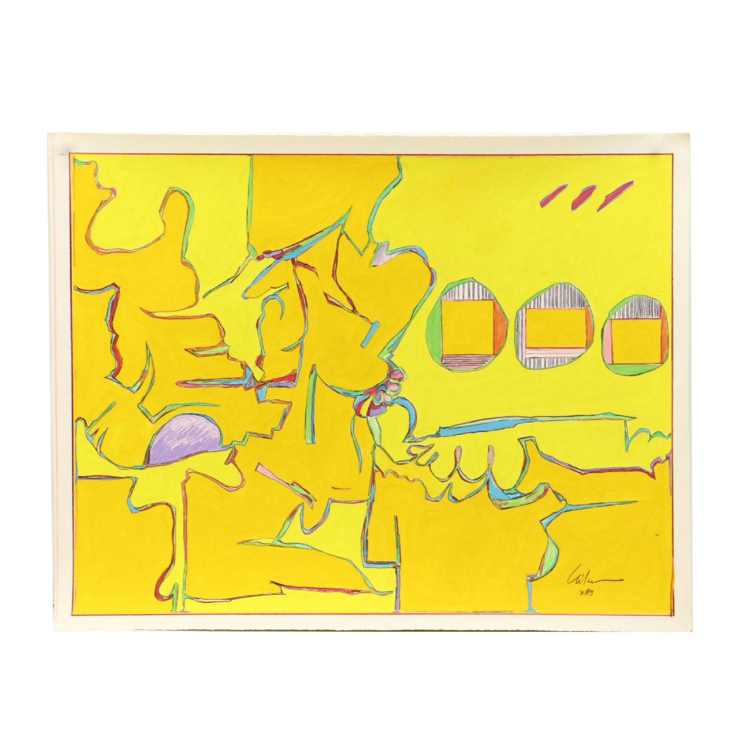 Harry Hilson Modern Mixed Media Painting, 1983