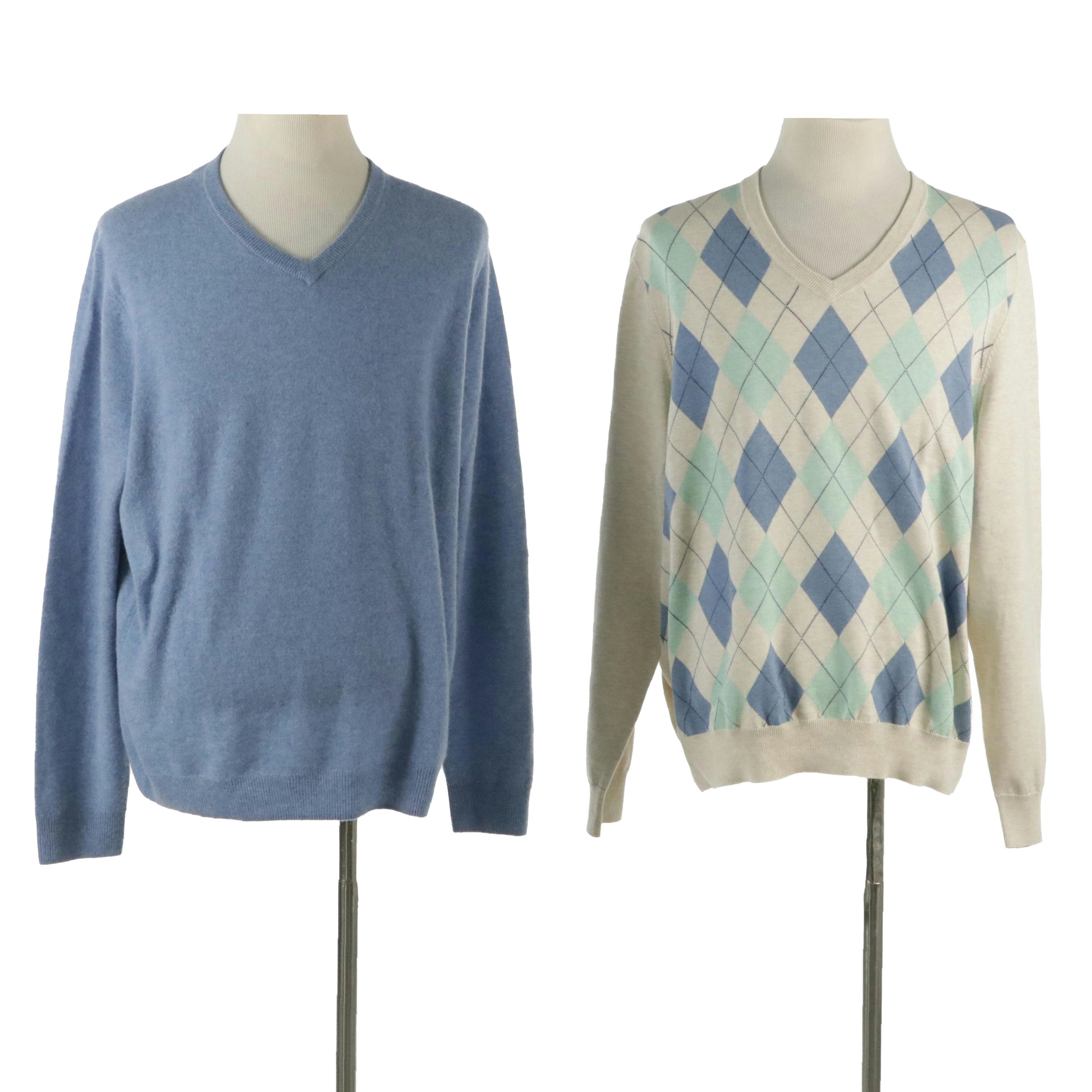 Men's Nordstrom Blue Cashmere and Brooks Brothers Argyle Pattern V-Neck Sweaters