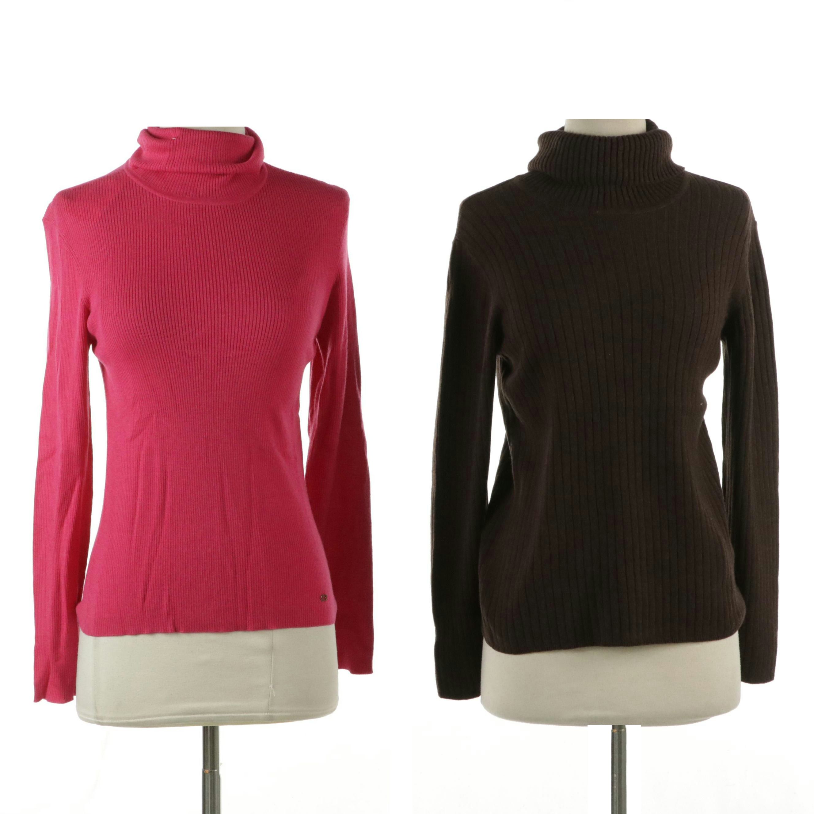Escada Pink and Brown Silk, Cashmere and Wool Blend Turtleneck Sweaters, W/ Tags