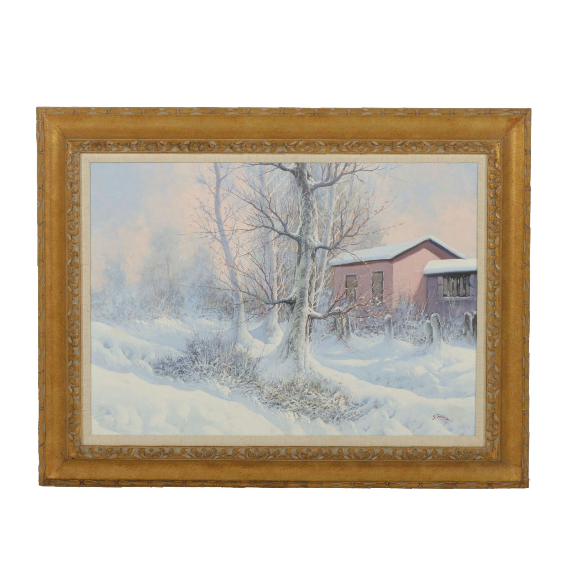 G. Rizzi Winter Landscape Oil Painting Featuring Barren Trees