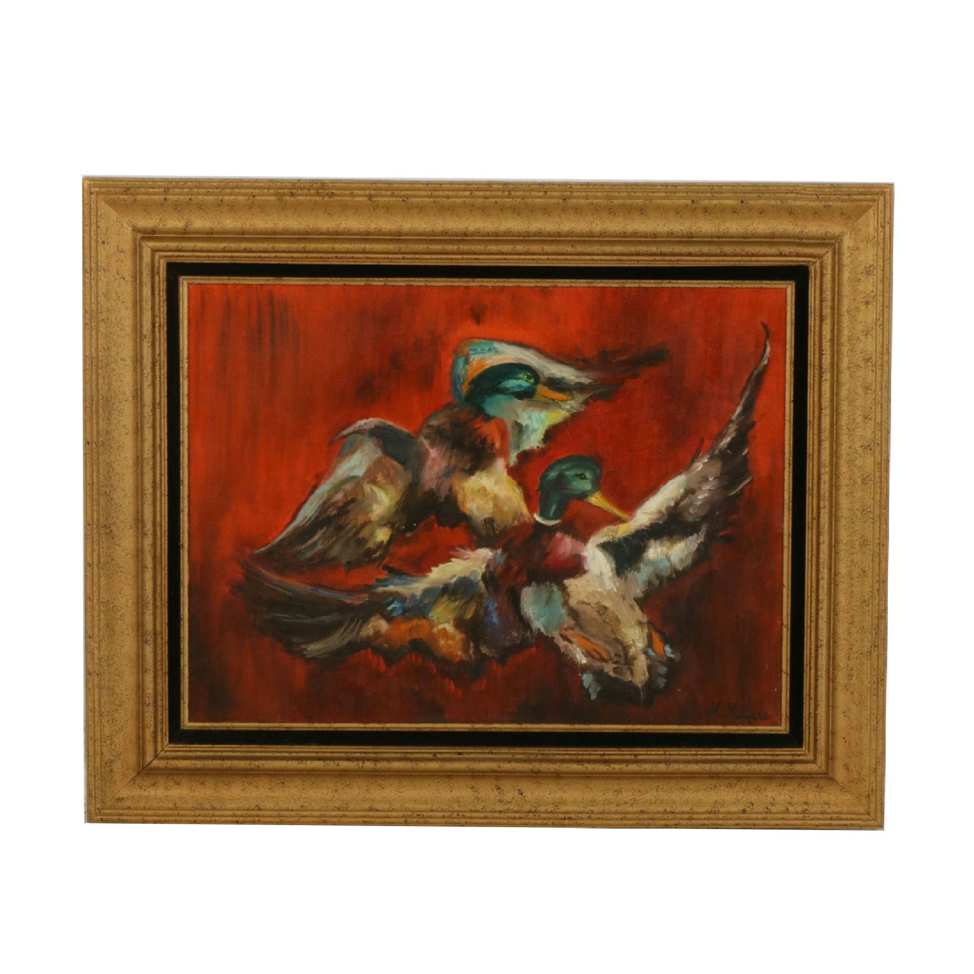 M. Mayers Oil Painting of Wood Ducks in Flight, Mid to Late 20th Century