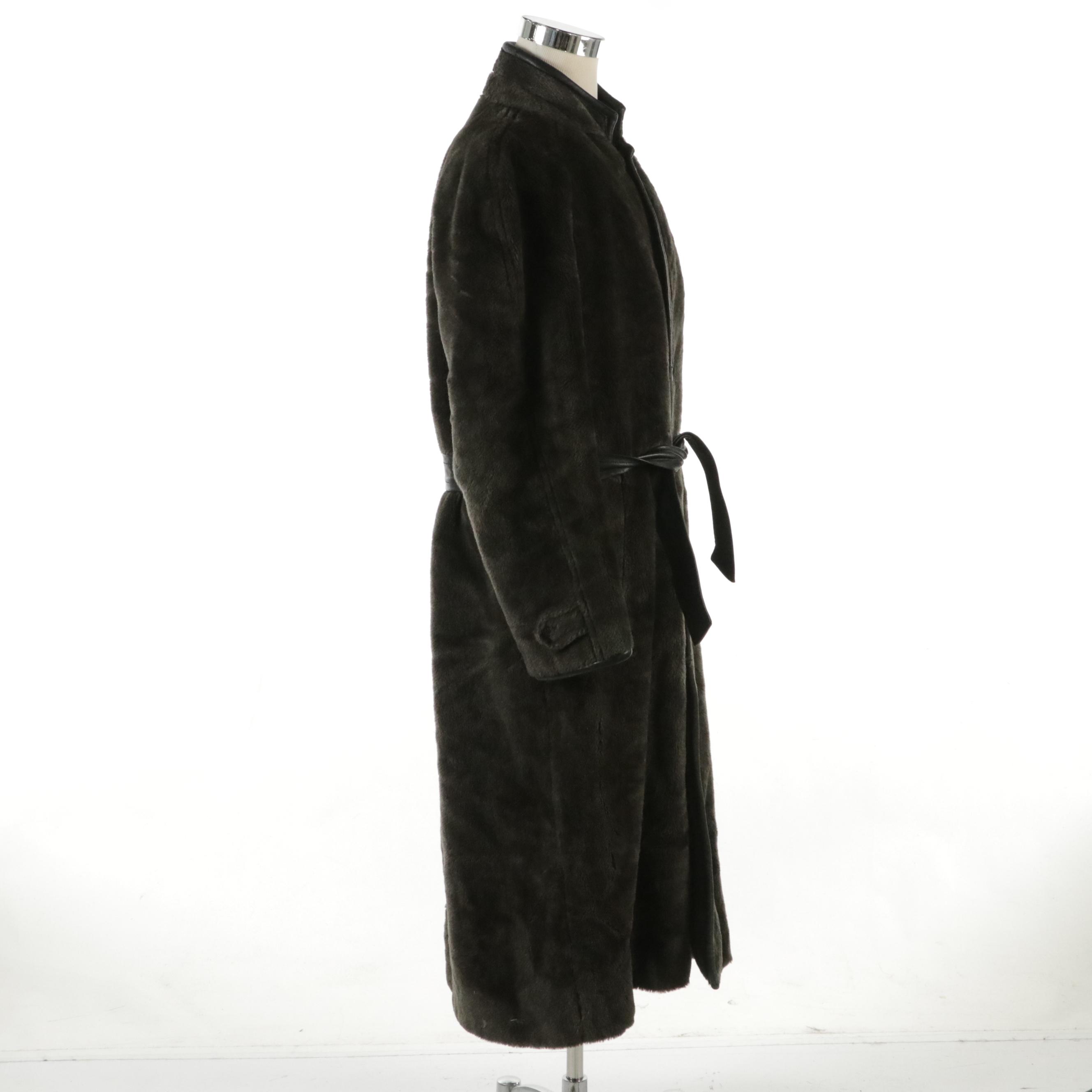 Men's Ravazzolo Belted Overcoat in Leather Trim Faux Fur
