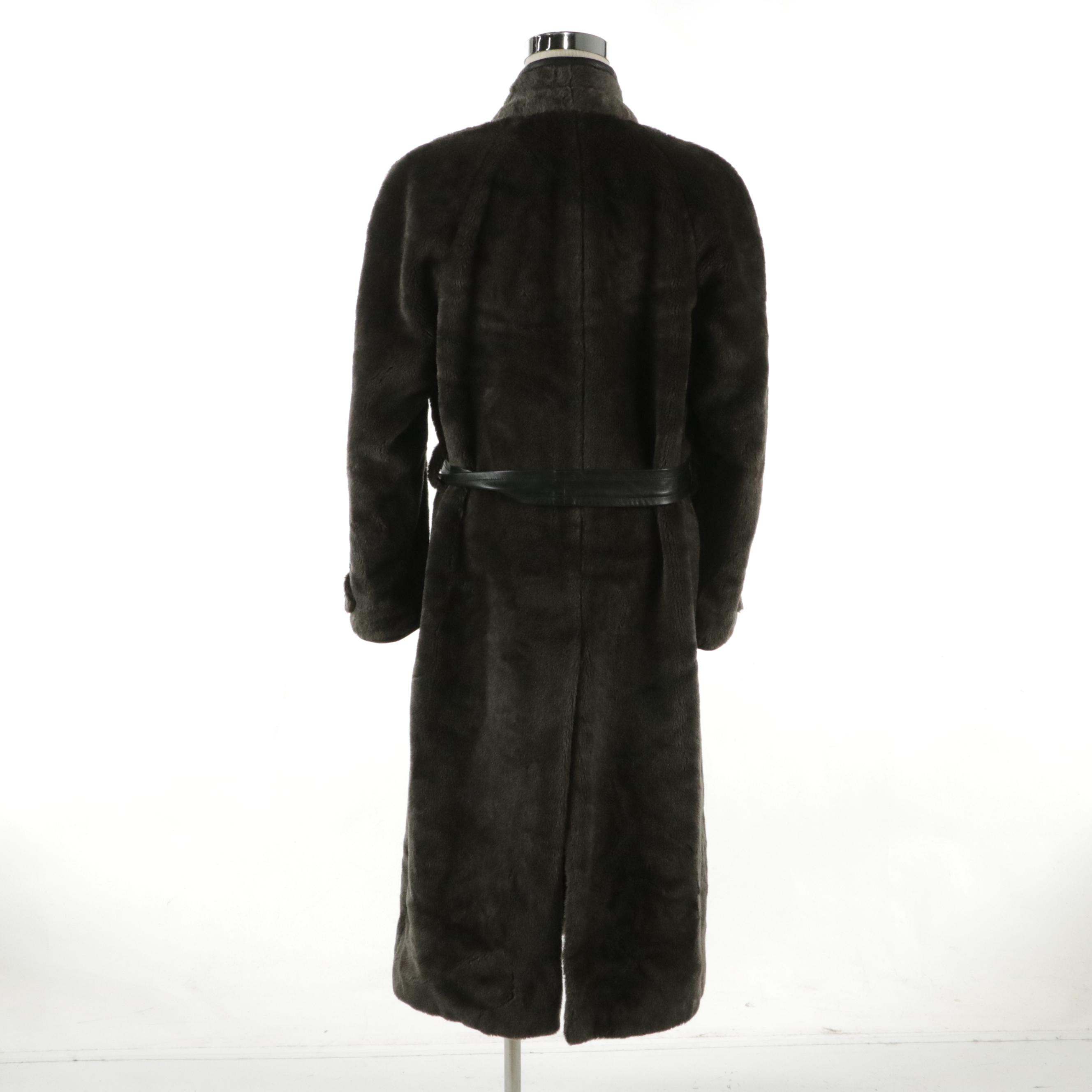 Men's Ravazzolo Belted Overcoat in Leather Trim Faux Fur
