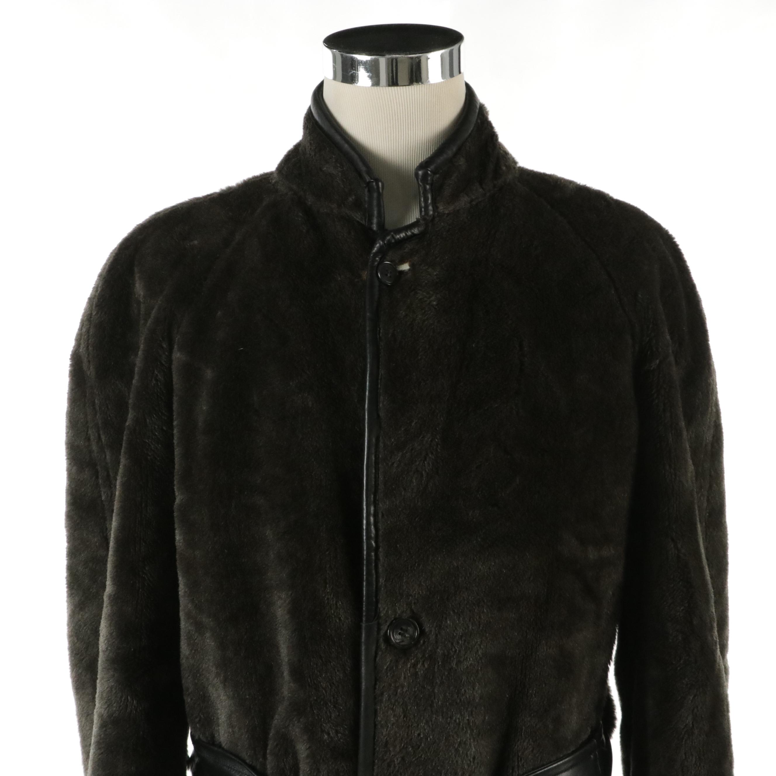 Men's Ravazzolo Belted Overcoat in Leather Trim Faux Fur