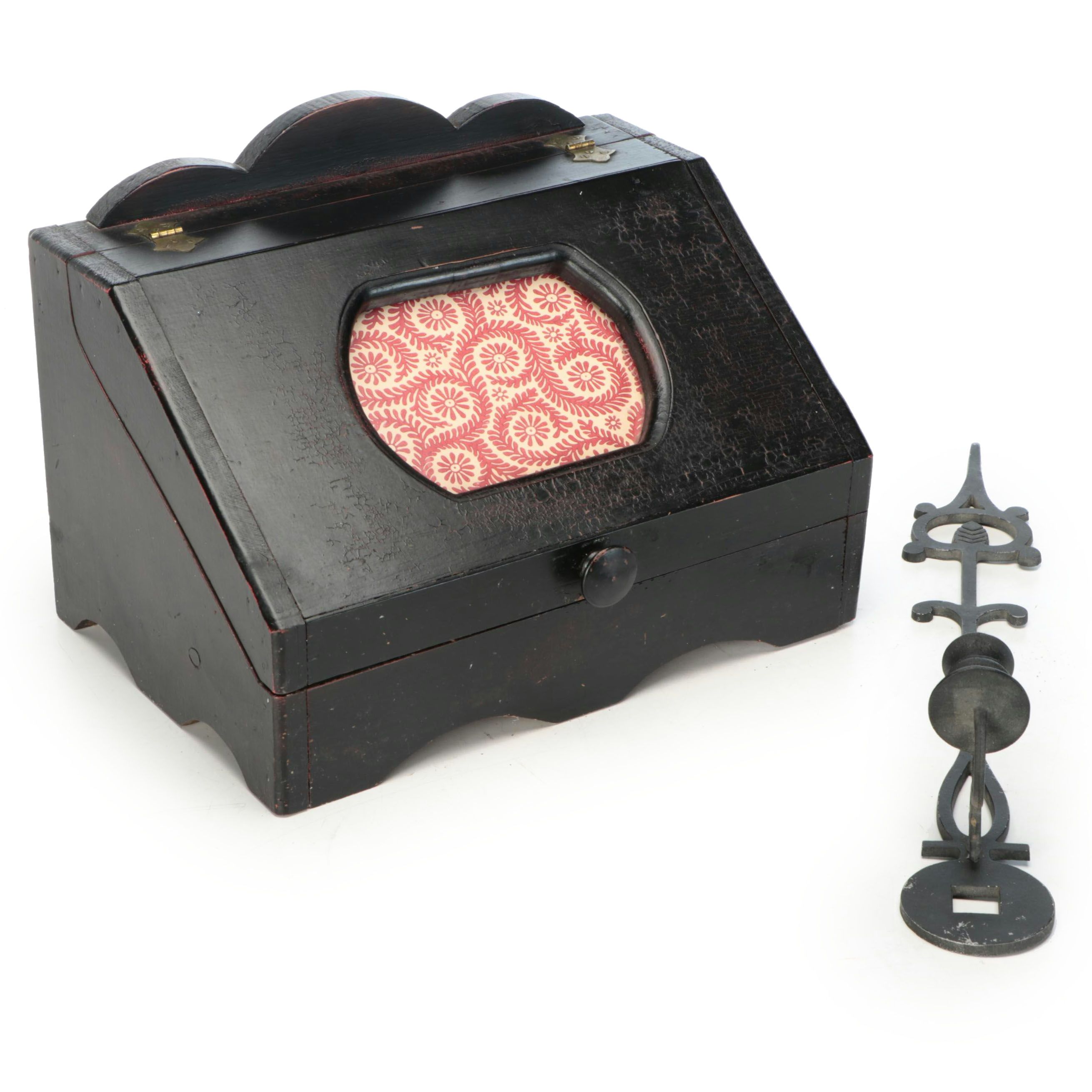 Black Lacquered Wood Bread Box with Wrought Iron Wall Candle Sconce