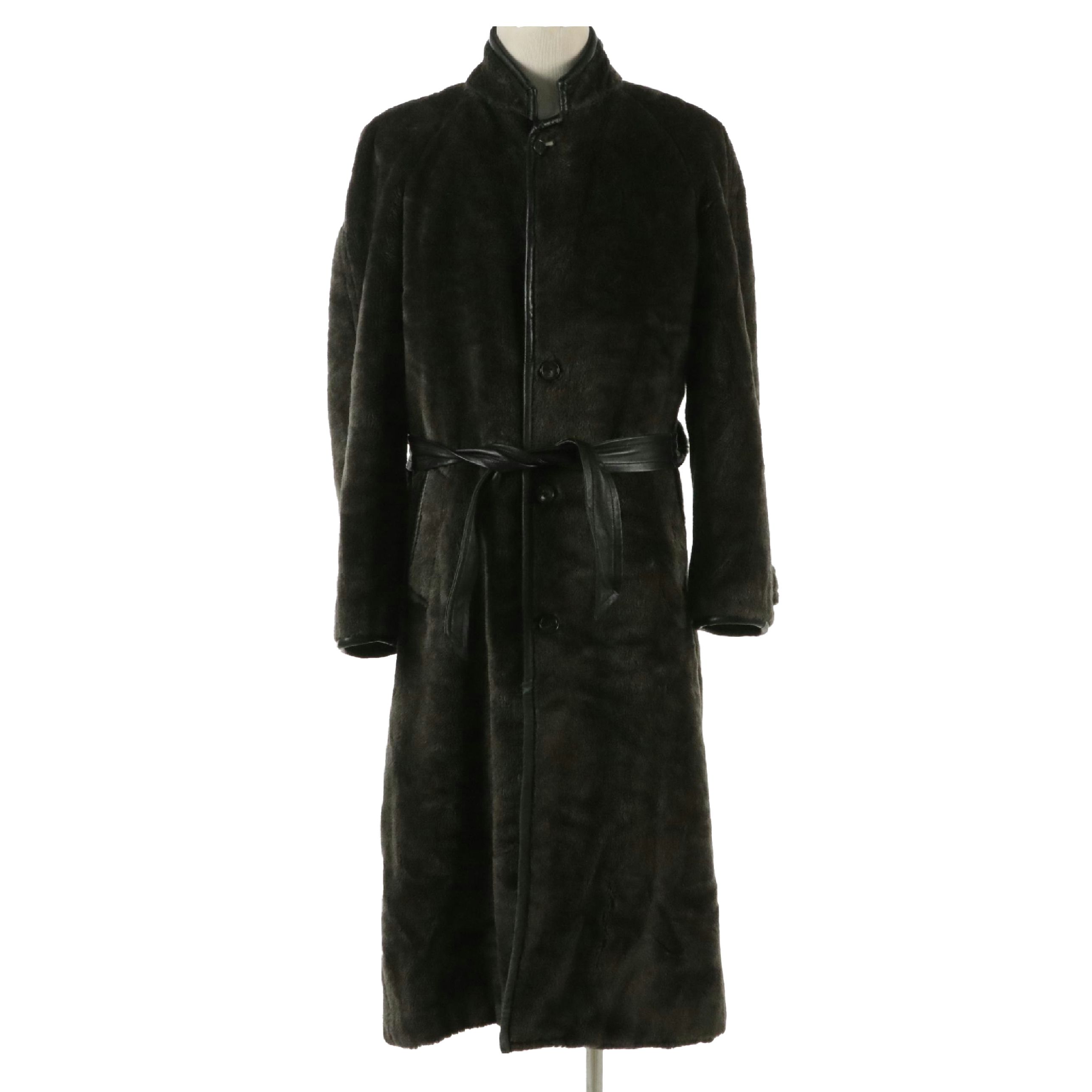 Men's Ravazzolo Belted Overcoat in Leather Trim Faux Fur