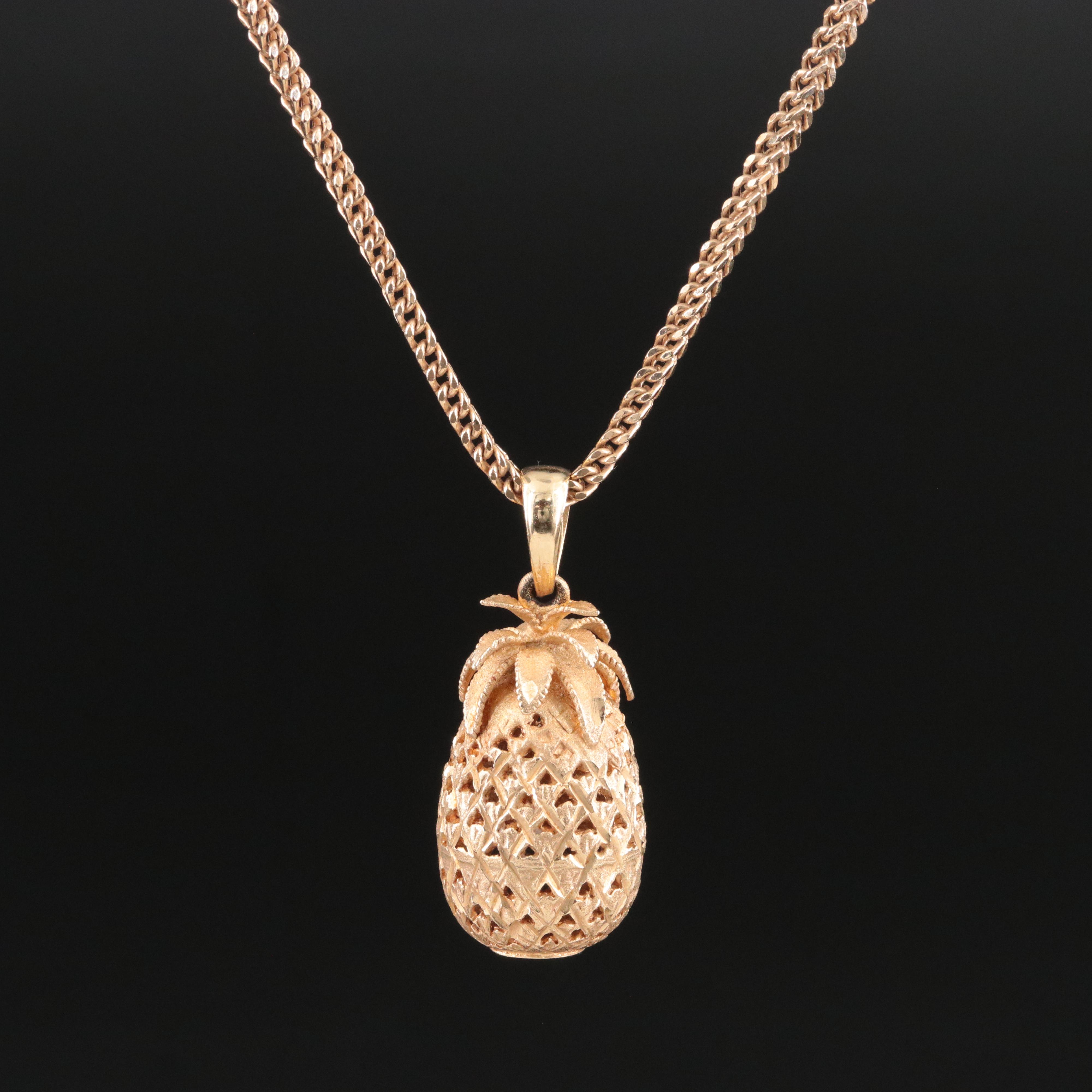 14K Pineapple Pendant on Foxtail Chain Necklace