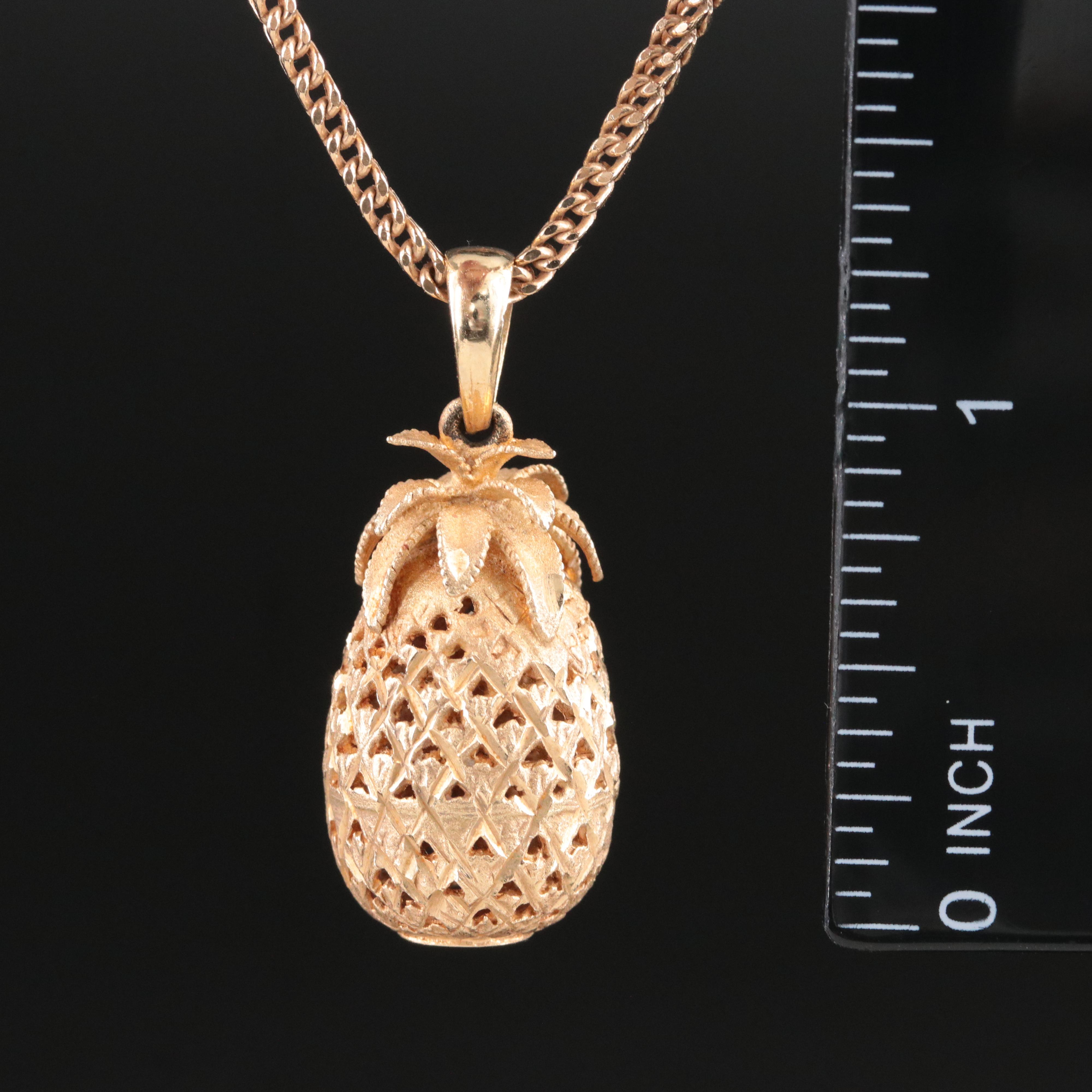 14K Pineapple Pendant on Foxtail Chain Necklace