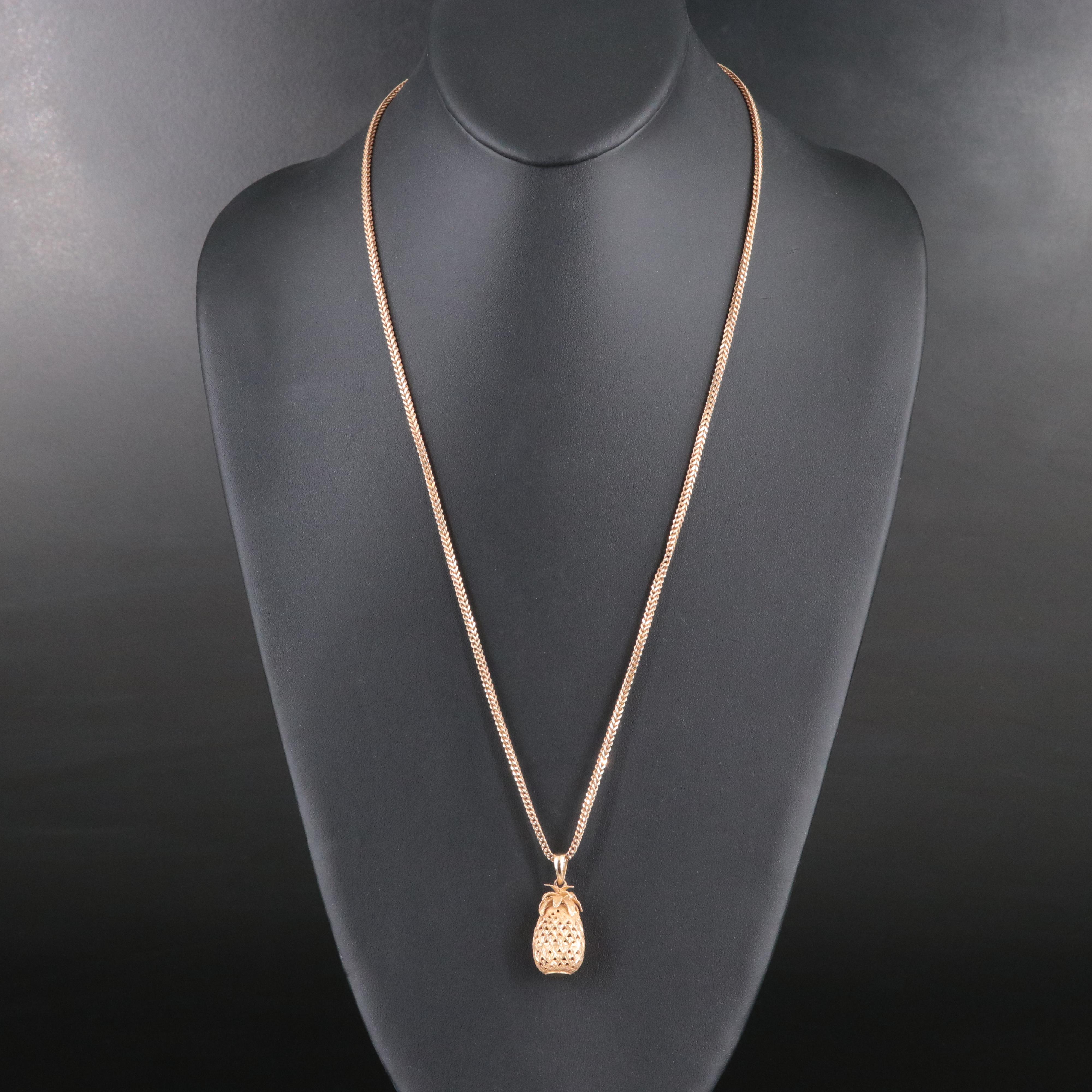 14K Pineapple Pendant on Foxtail Chain Necklace
