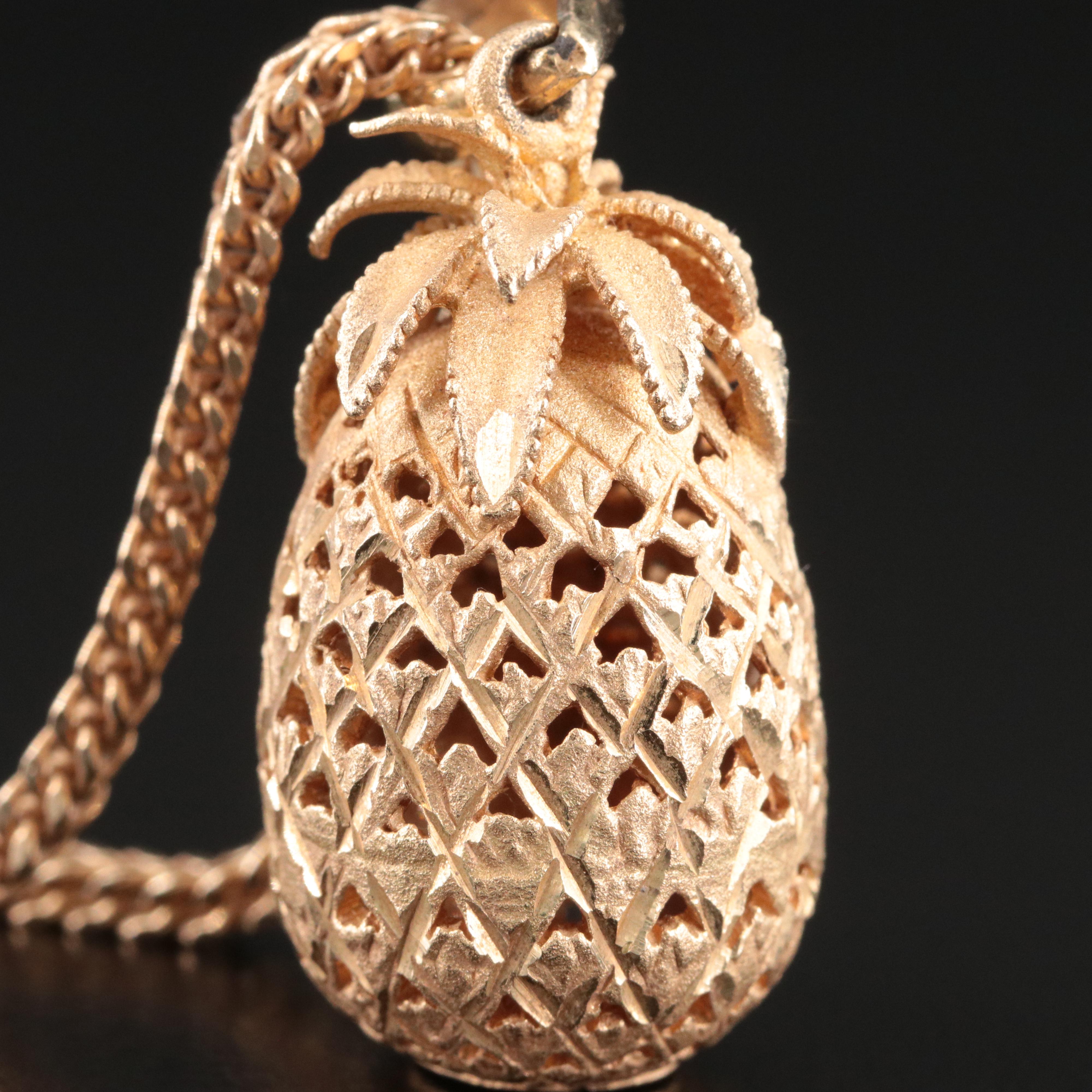 14K Pineapple Pendant on Foxtail Chain Necklace