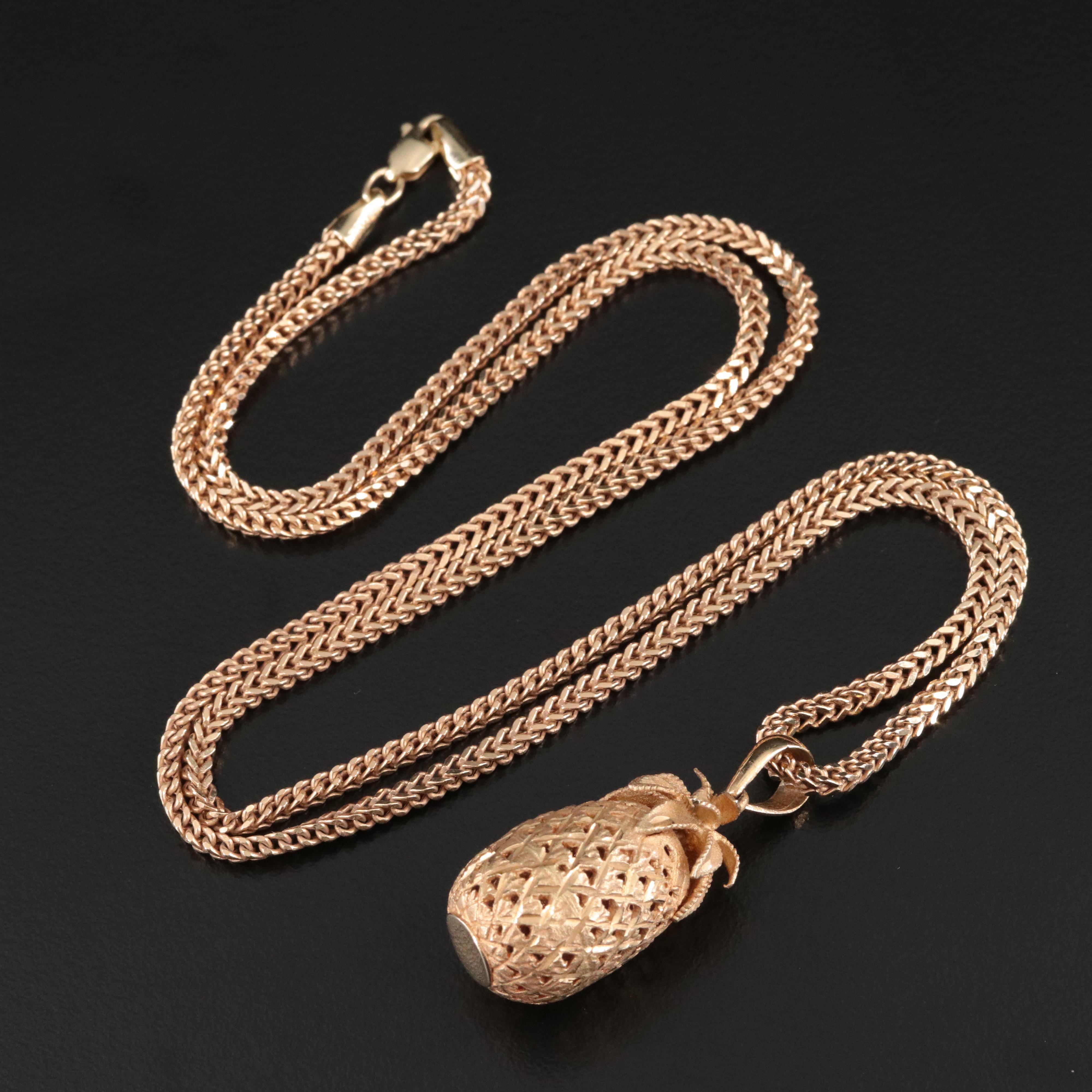 14K Pineapple Pendant on Foxtail Chain Necklace