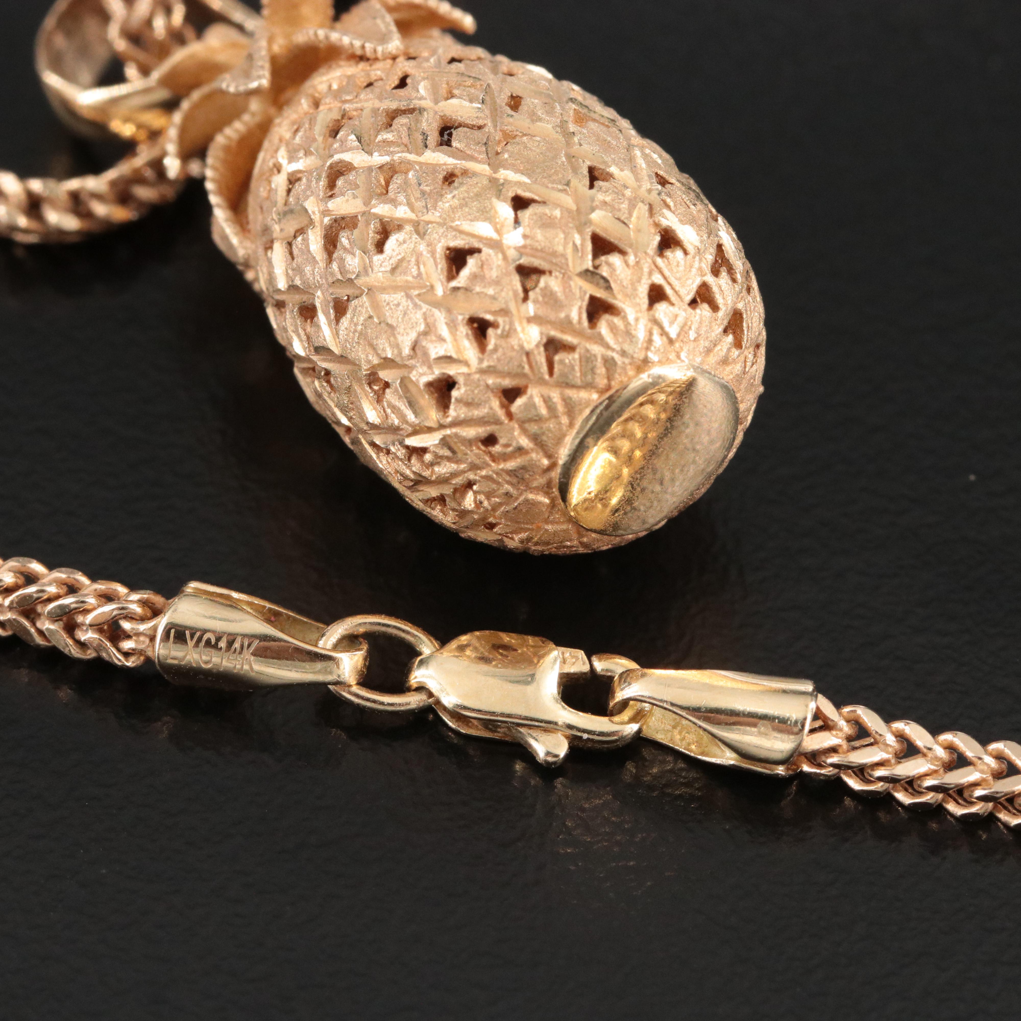14K Pineapple Pendant on Foxtail Chain Necklace