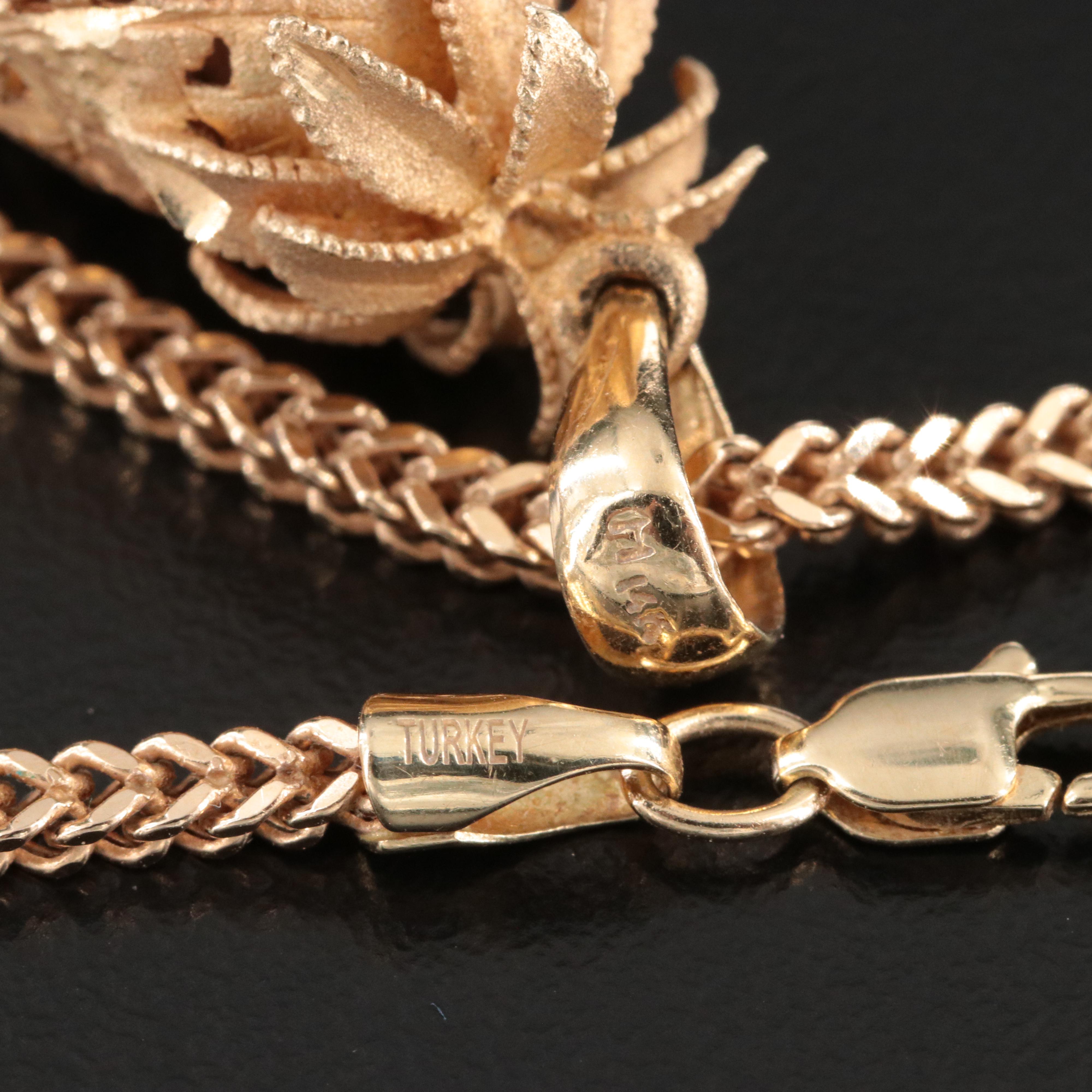 14K Pineapple Pendant on Foxtail Chain Necklace