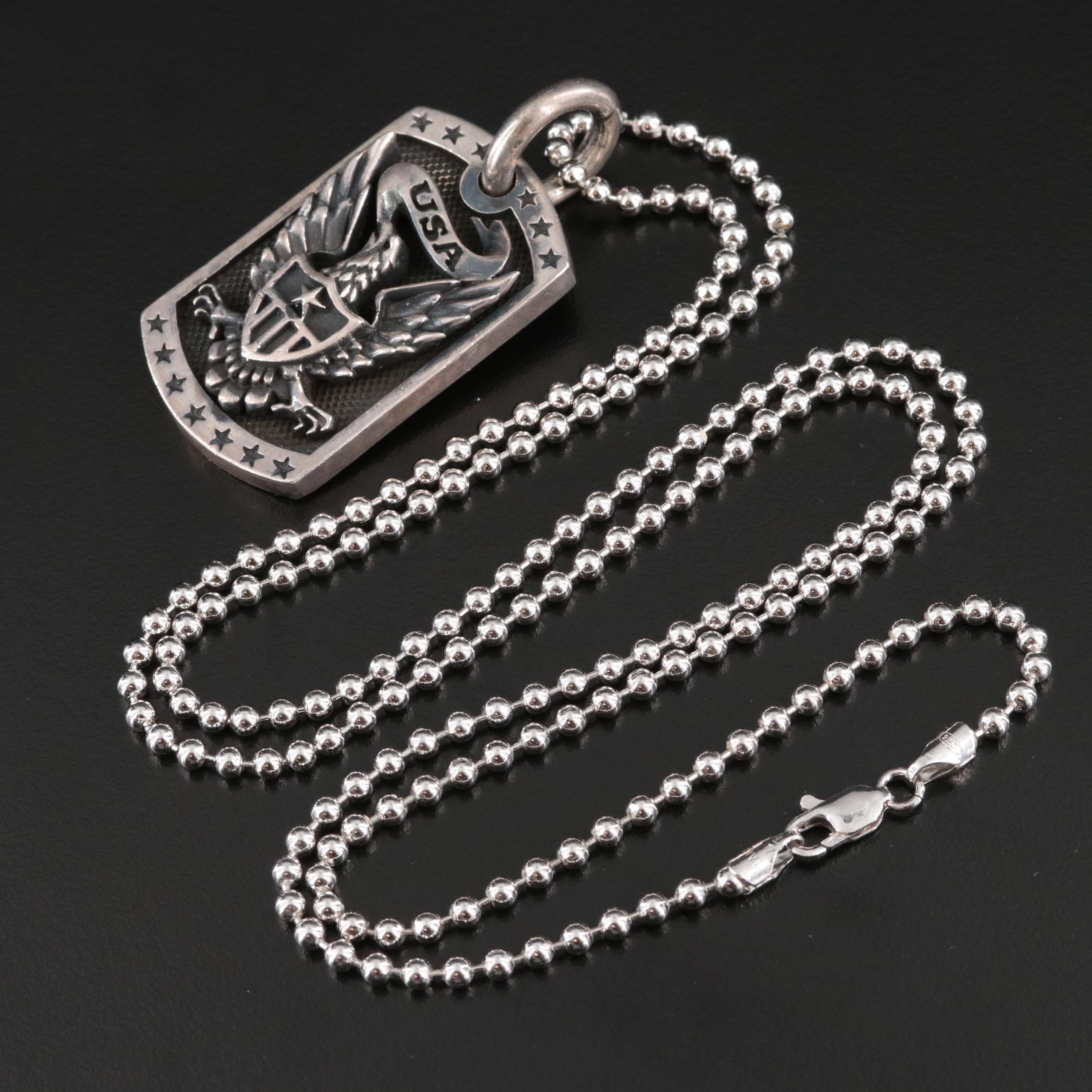 King Baby Sterling Eagle Shield Dog Tag Style Necklace