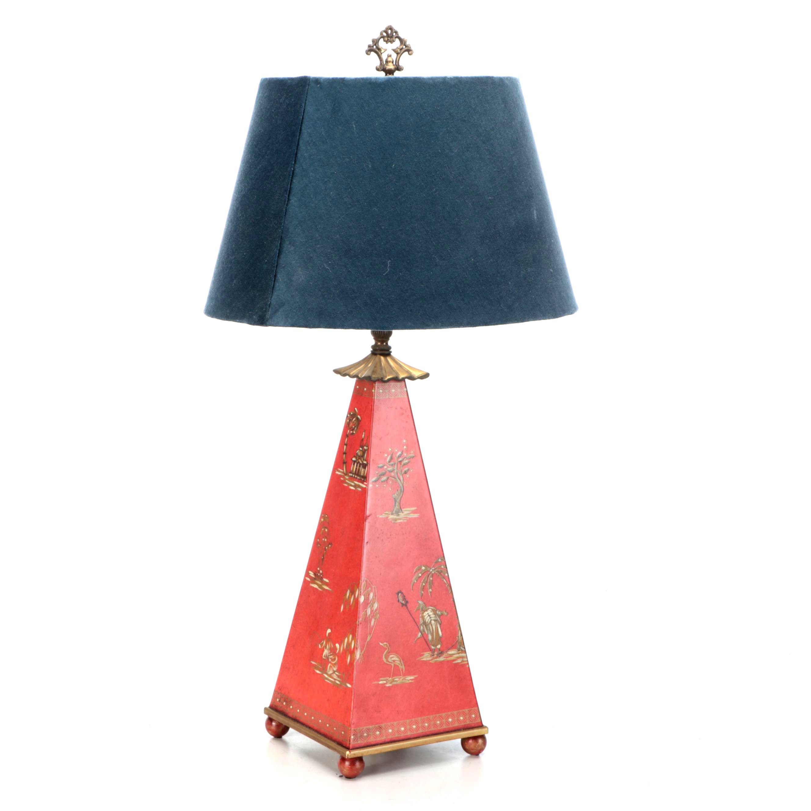 Chelsea House Chinoiserie Red and Gold Pyramid Table Lamp with Blue Shade
