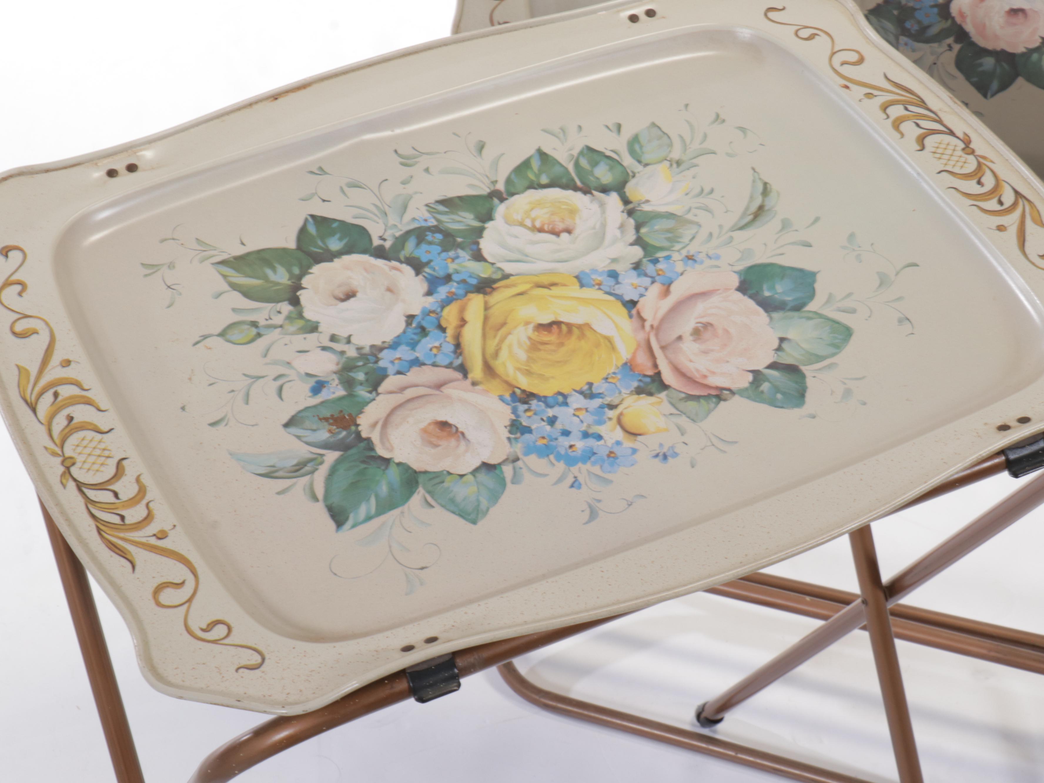 Set of Four Floral Caldak Painted Metal Tray Tables