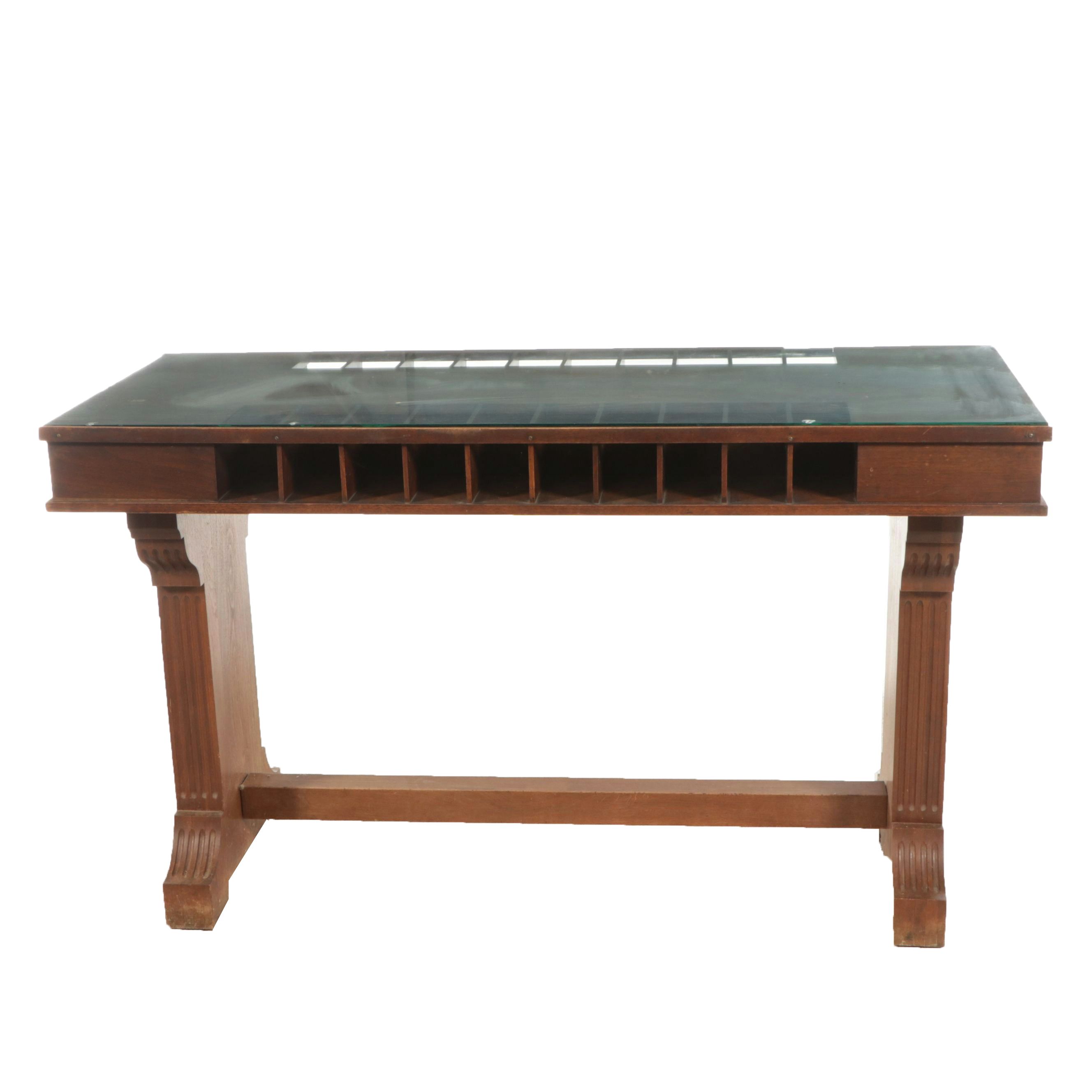 Antique Neoclassical Style Mahogany Bank Table with Glass Top