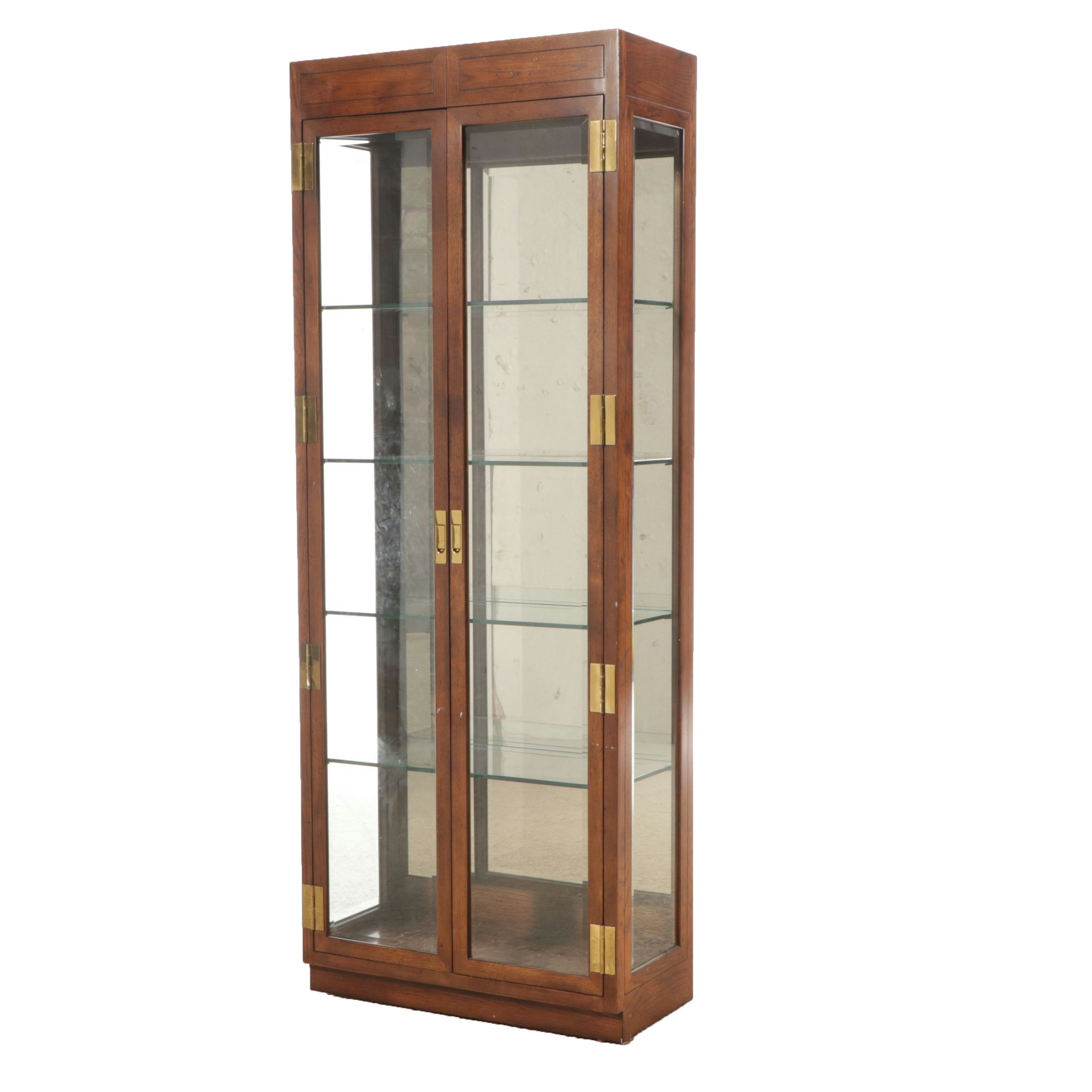 Henredon Campaign Style Oak Finish and Brass Illuminated China Cabinet