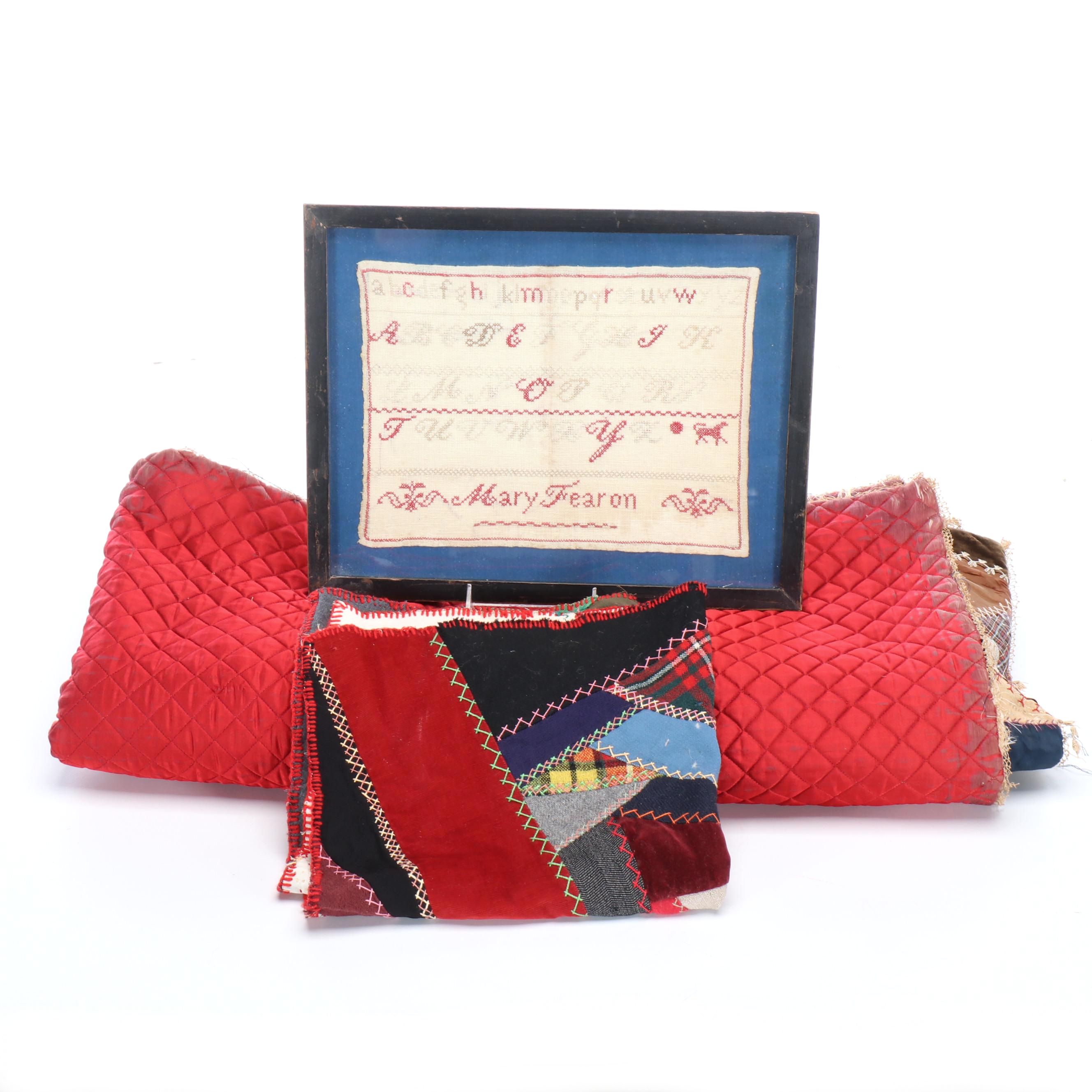 Victorian Hand-Embroidered Crazy Quilt with Alphabet Sampler and More