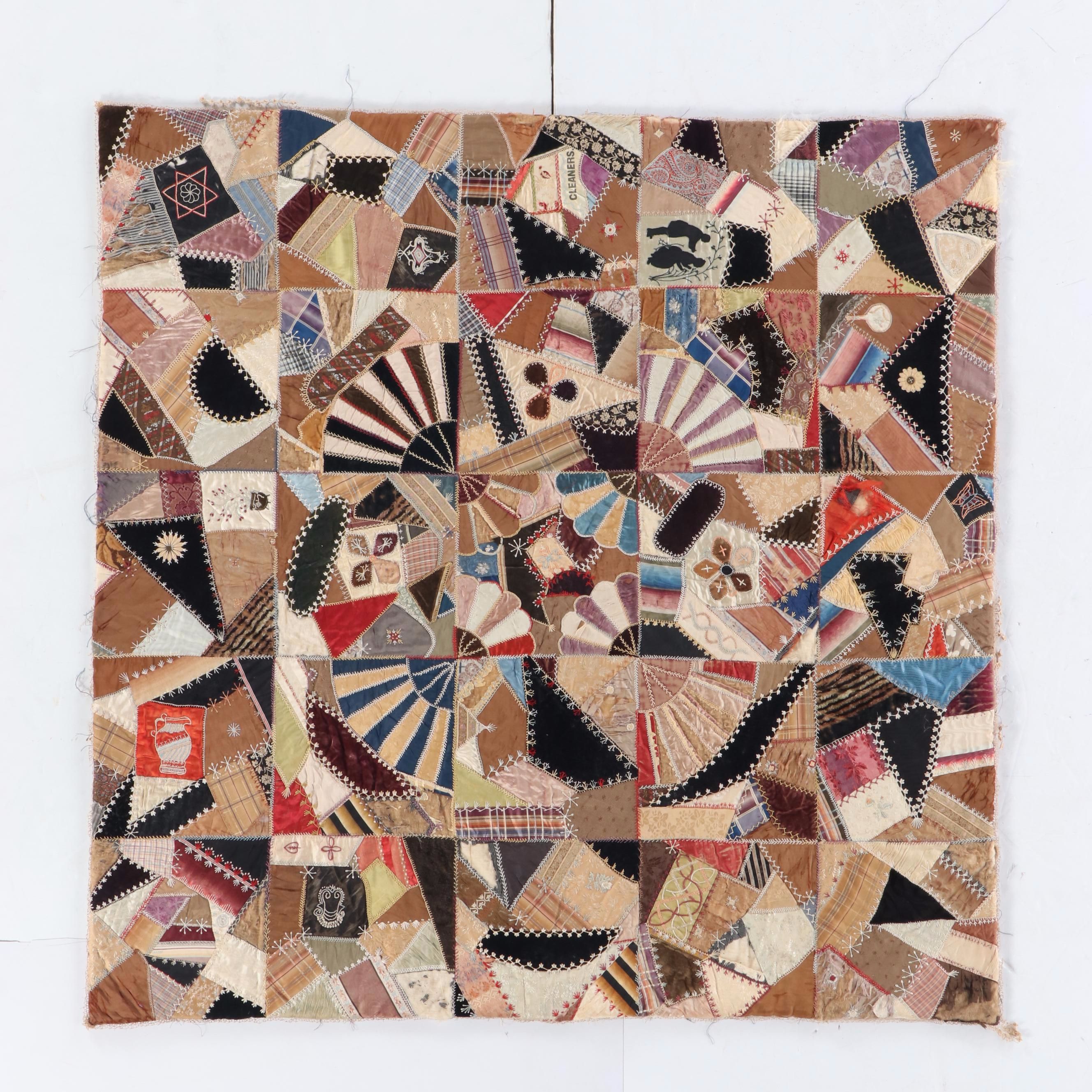 Victorian Hand-Embroidered Crazy Quilt with Alphabet Sampler and More