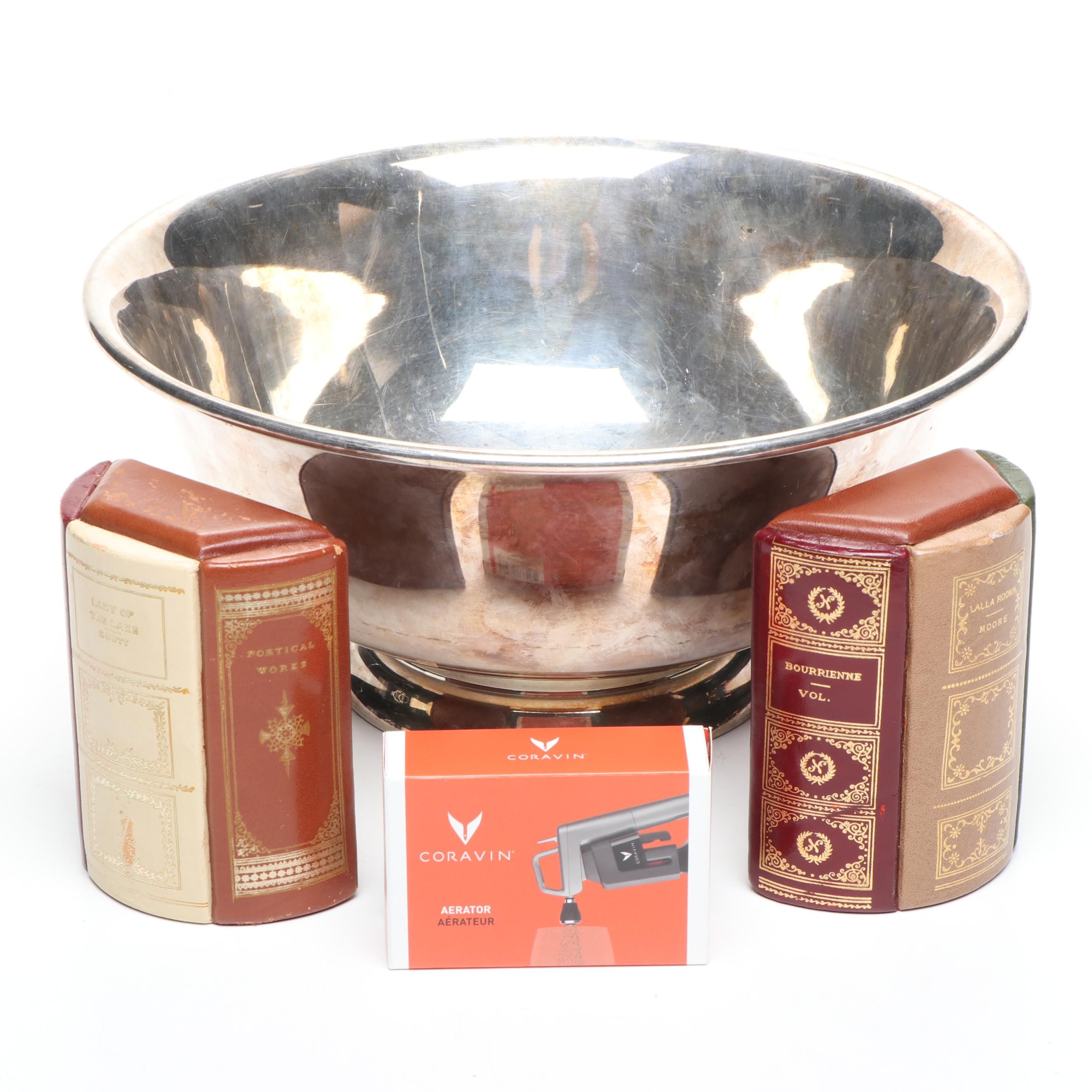 Reed & Barton Silverplate Bowl with Wine Aerator and Leather Bookends