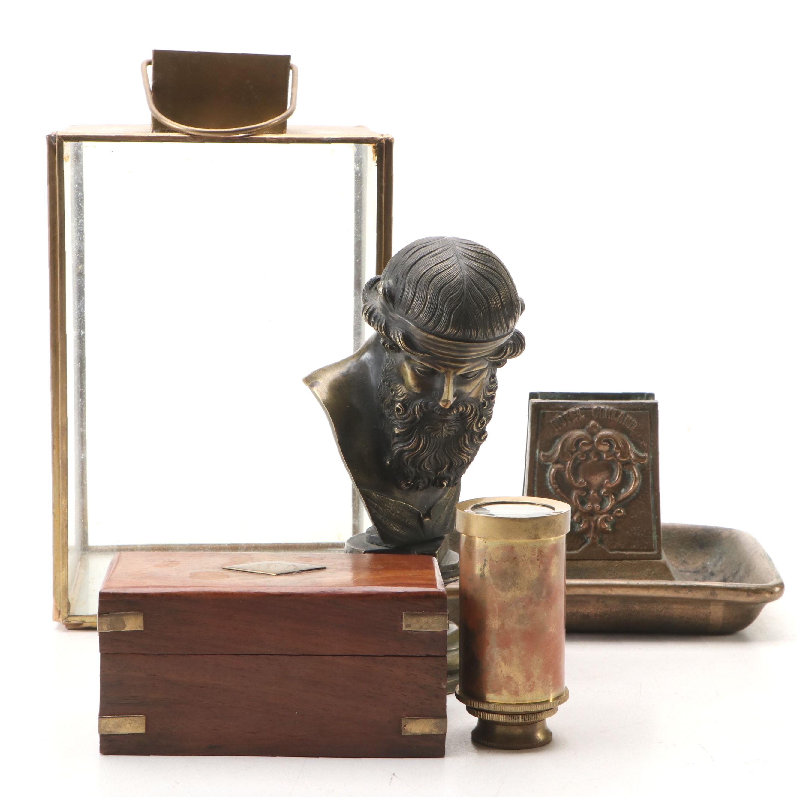Hotel Oakland Matchbox Holder and Ashtray with Spyglass and Other Brass Décor