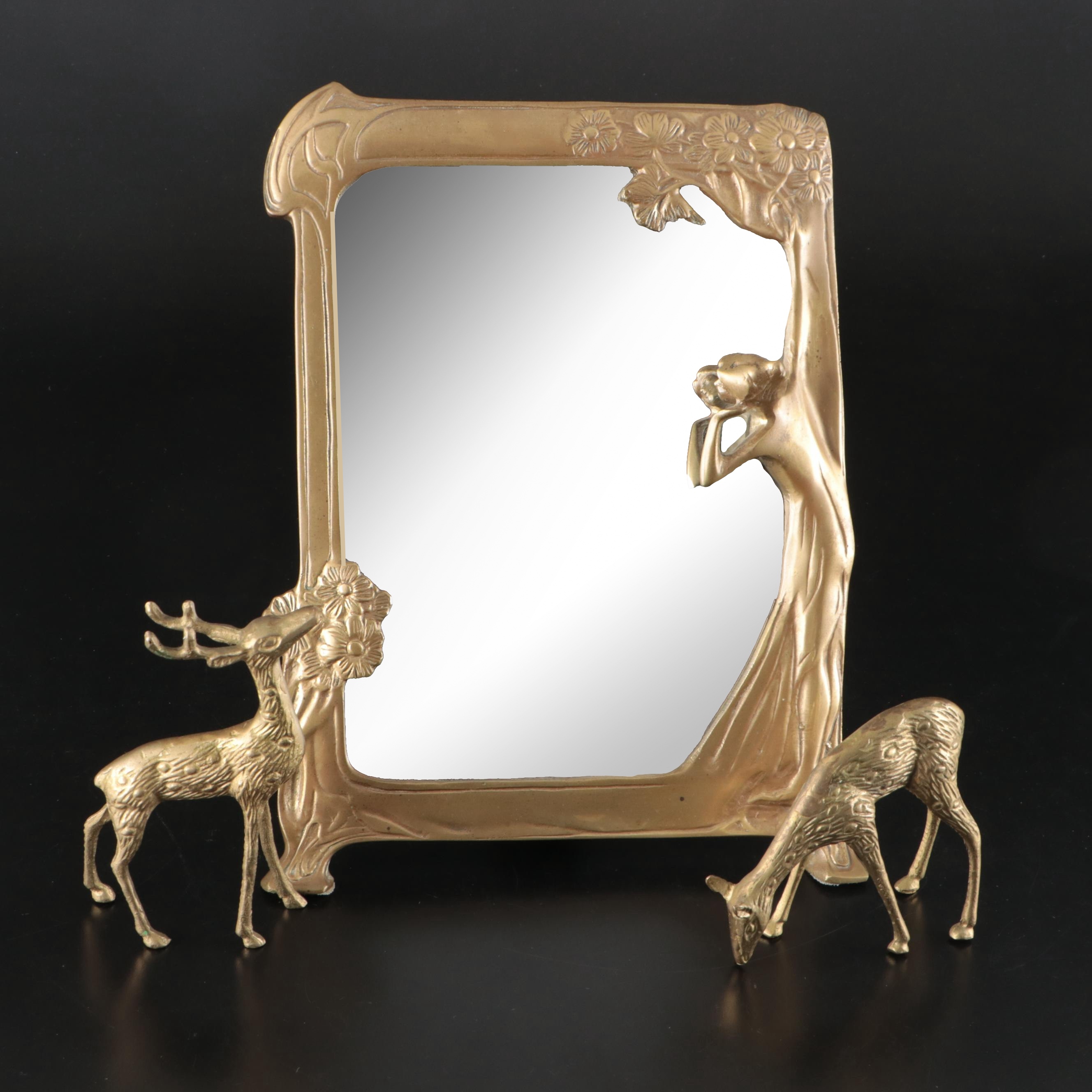 Art Nouveau Style Brass Mirror with Brass Deer Figurines