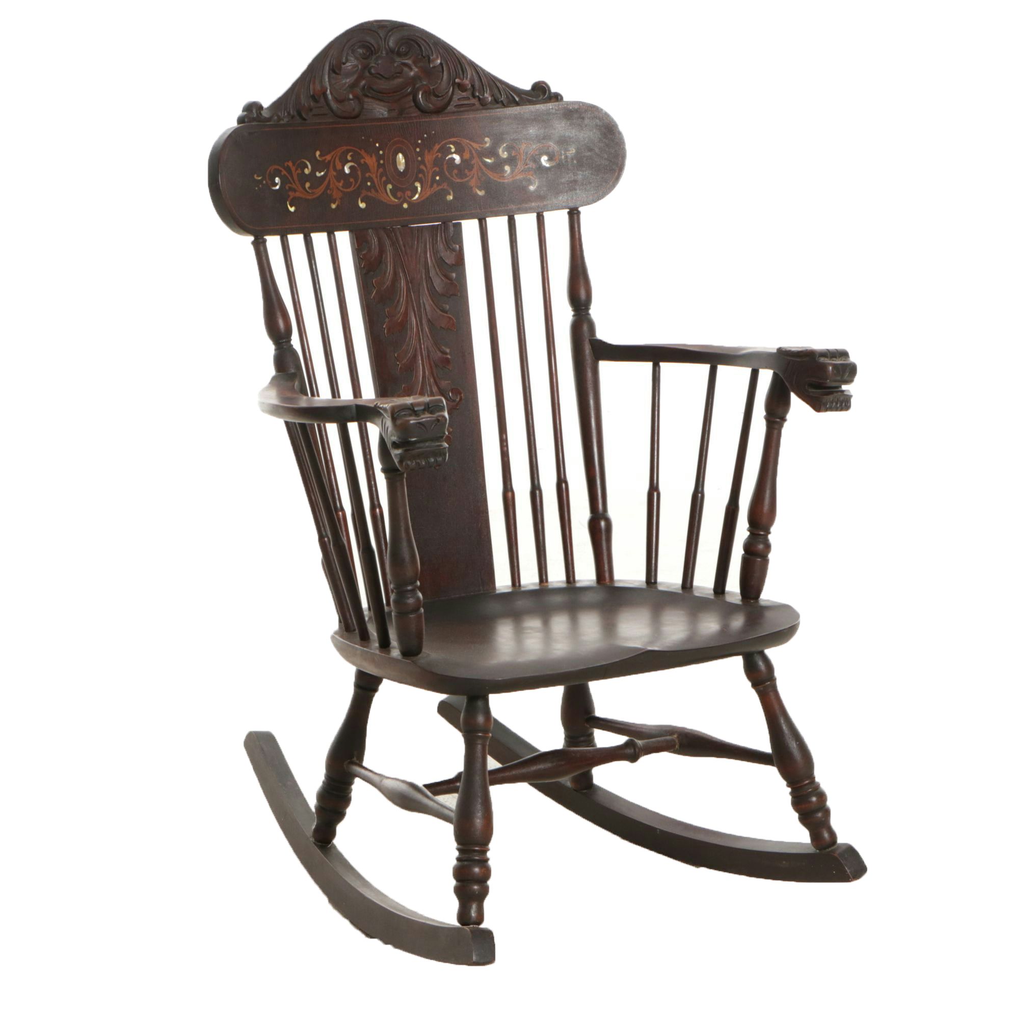 Rocking Chair with Carved Face and Mother-of-Pearl Inlay, Early 20th Century