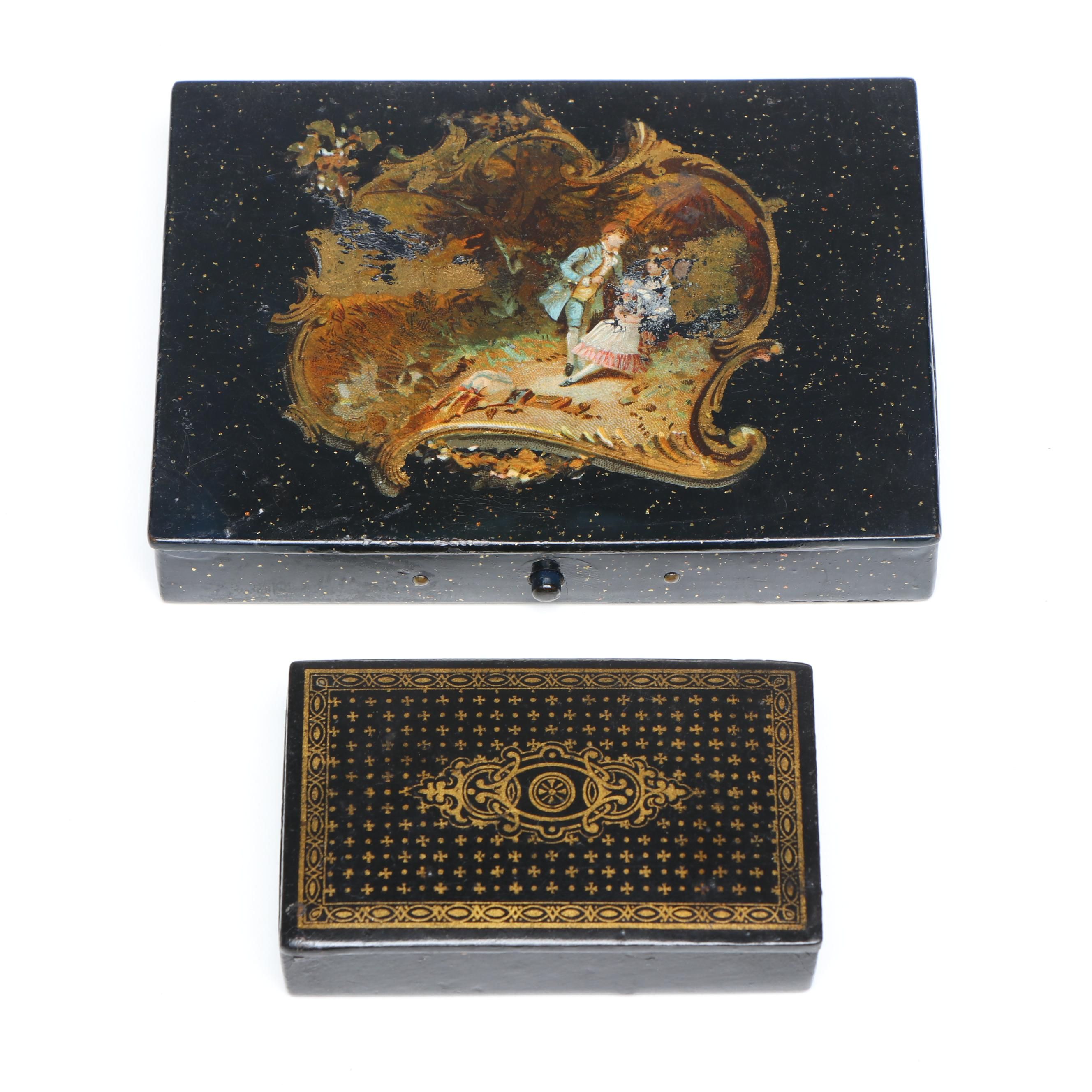 French Papier-Mâché Makeup Box with Papier-Mâché Gold Pattern Snuff Box