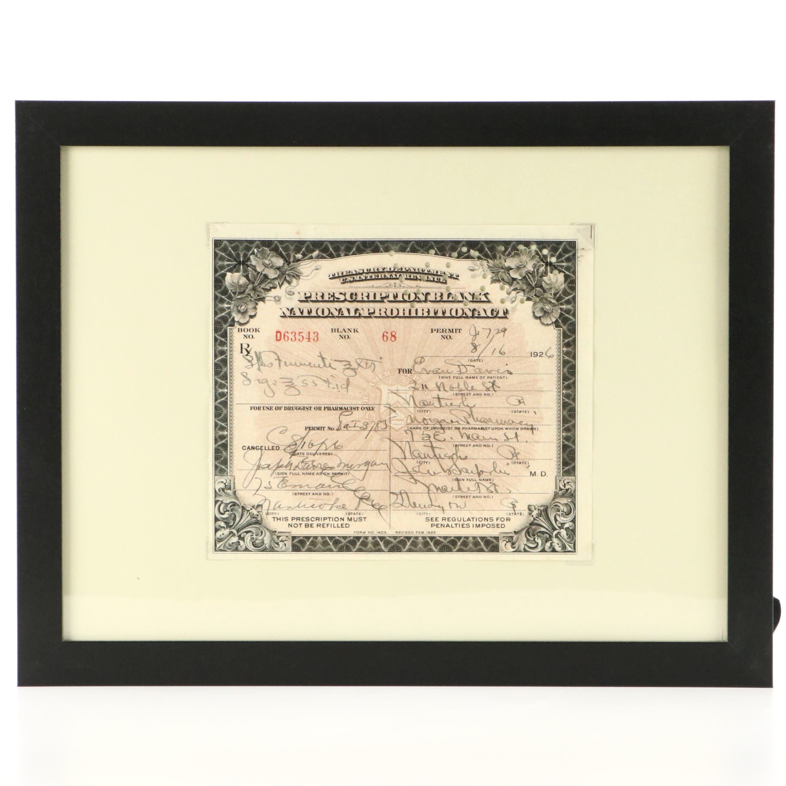 Prohibition Era Prescription Form for Alcohol, 1926