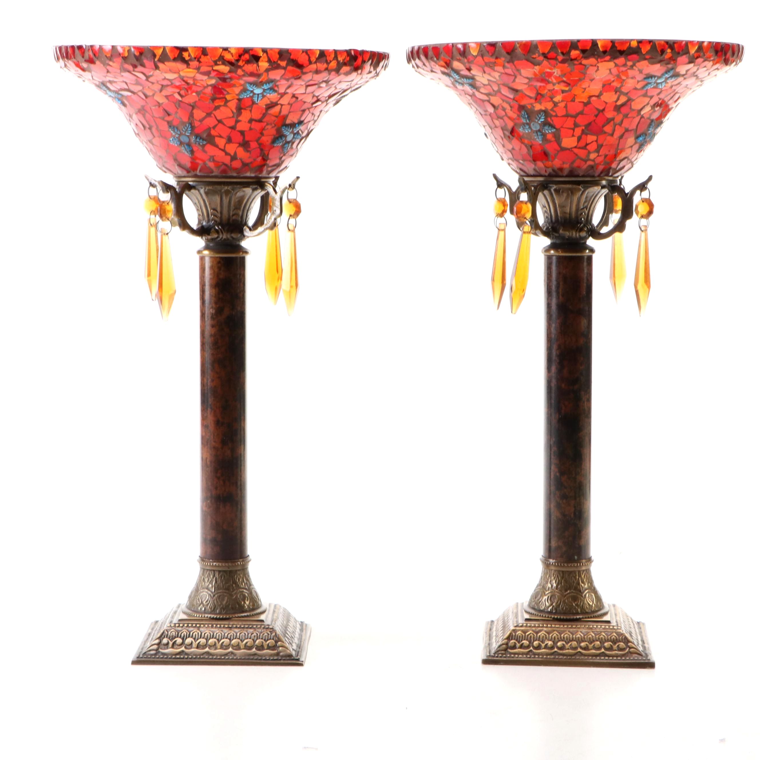 Hollywood Regency Style Glass Mosaic Canopy Pillar Candle Holders