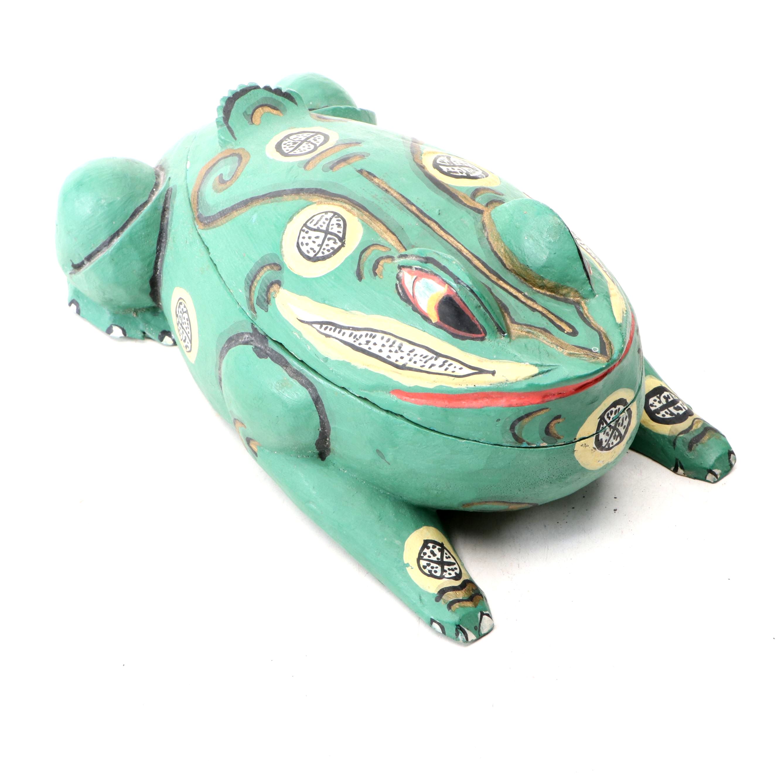 Indonesian Hand-Painted Wood Frog Vessel