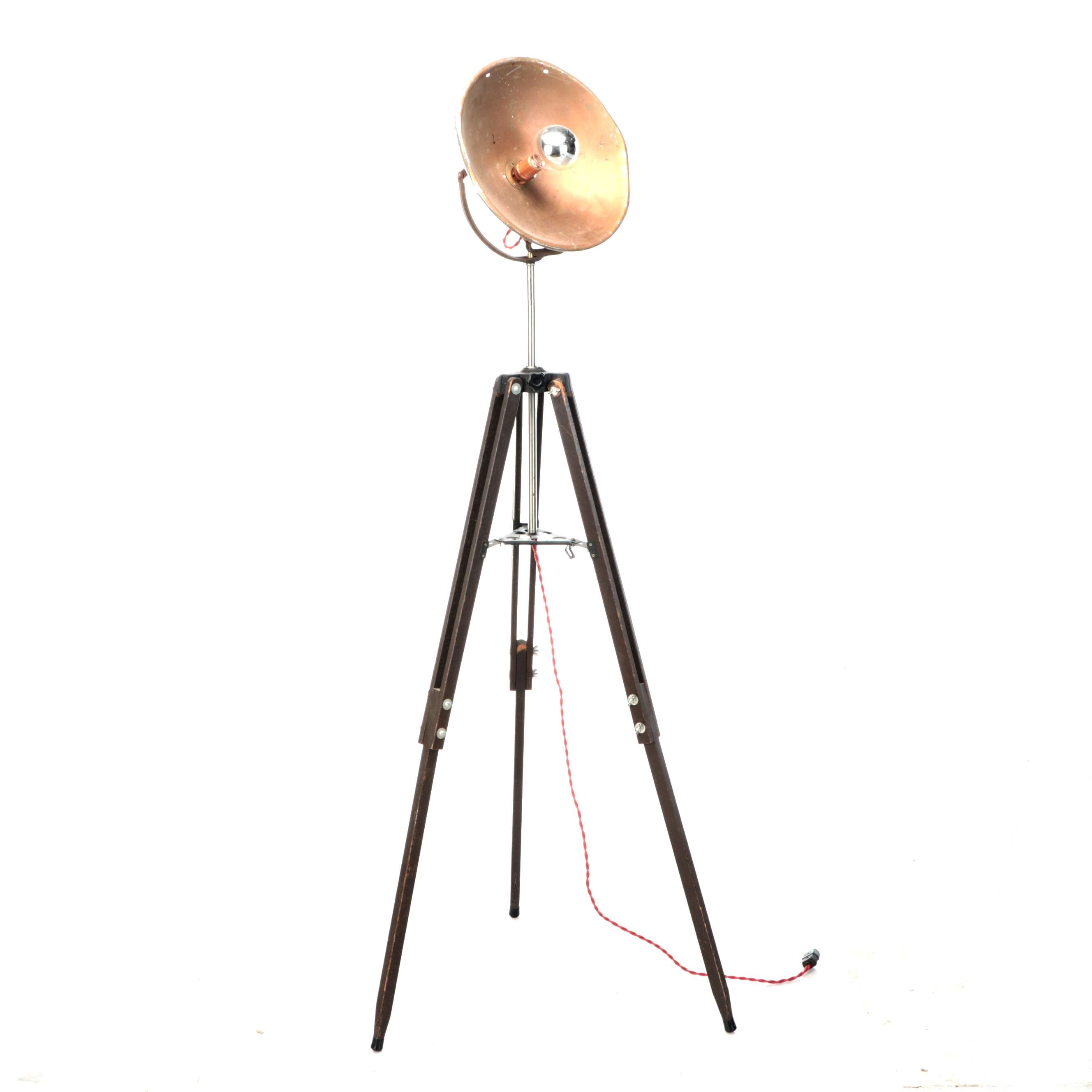 Antique Copper Heating Lamp with Tripod Wood Stand