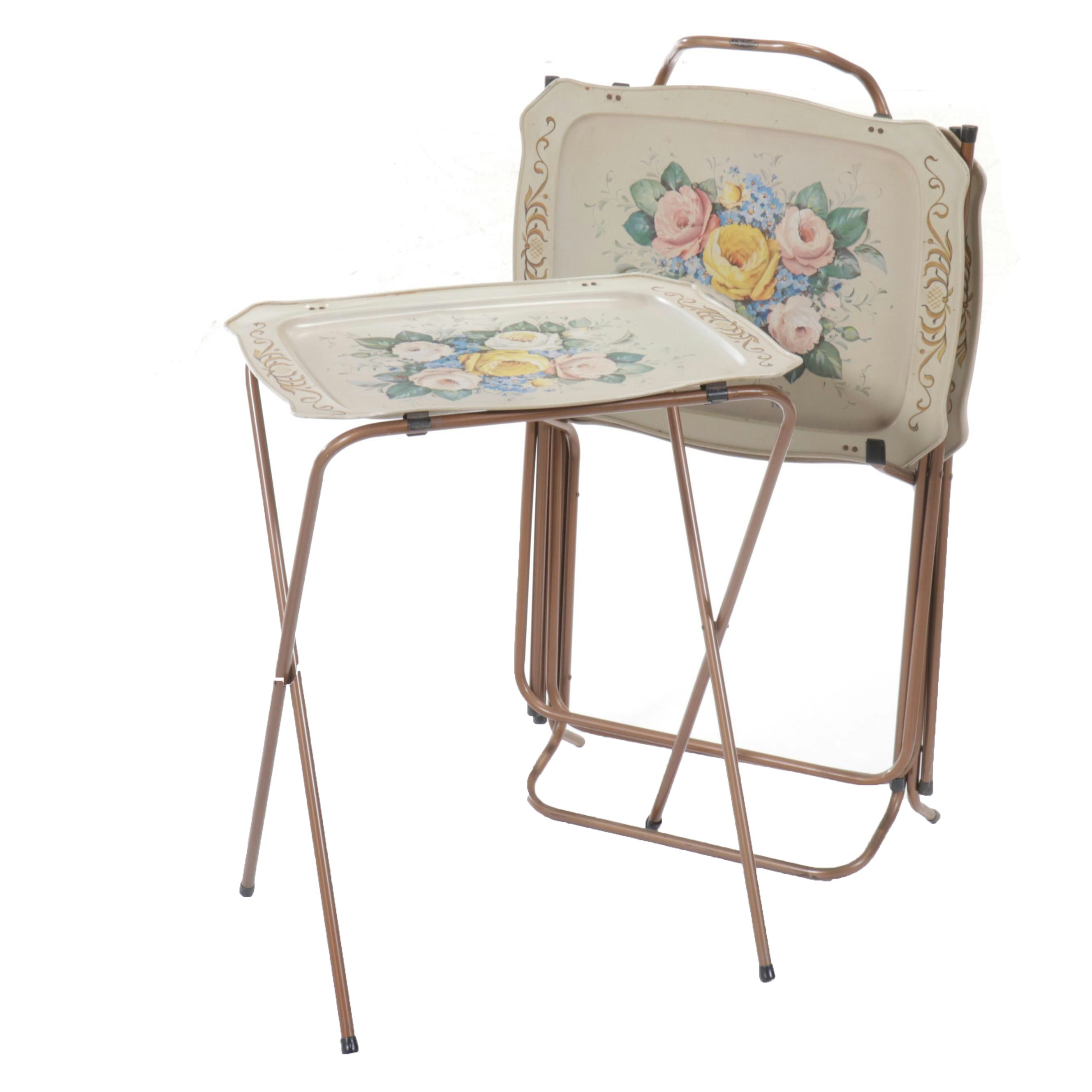Set of Four Floral Caldak Painted Metal Tray Tables