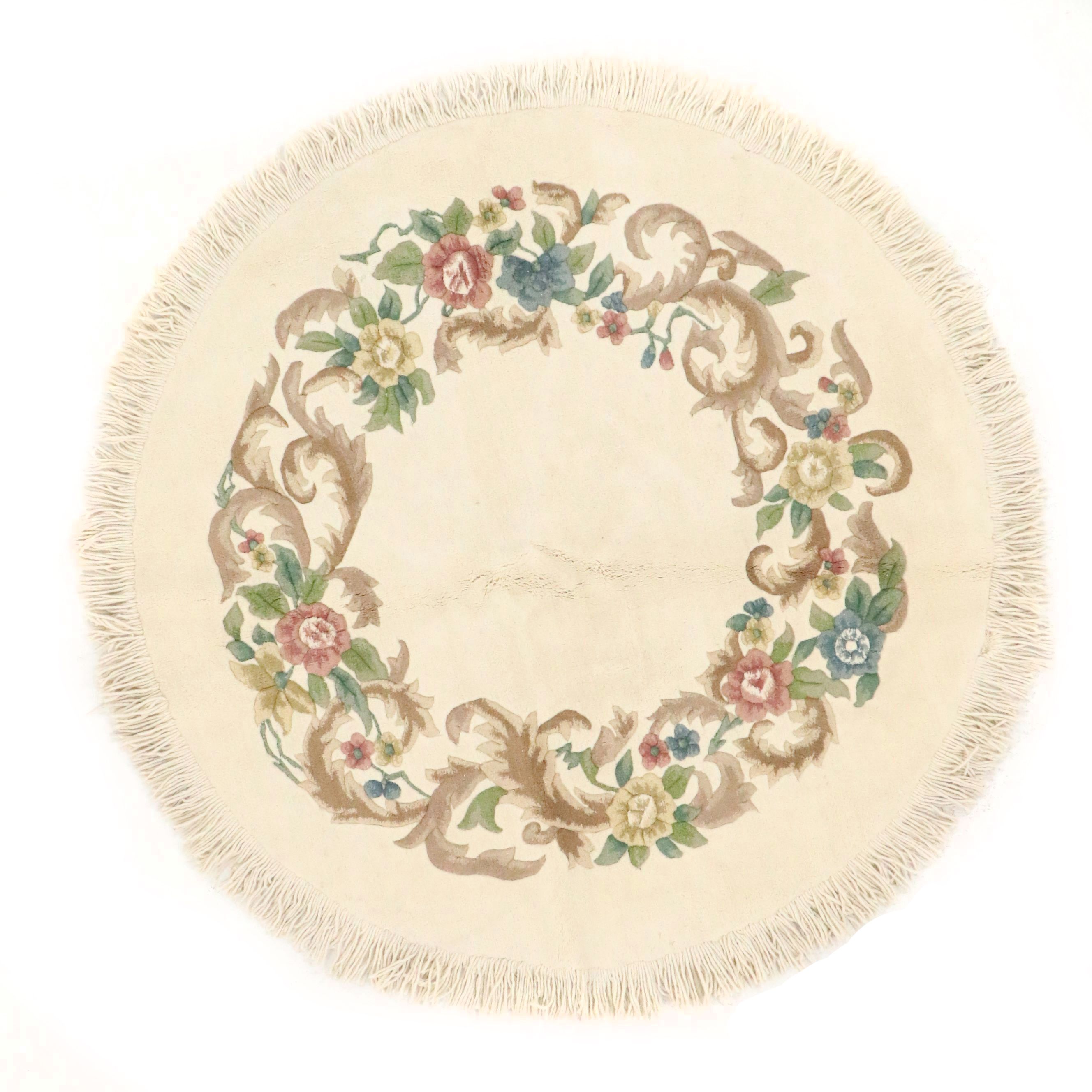 6'10 Round Hand-Knotted Indian Floral Area Rug