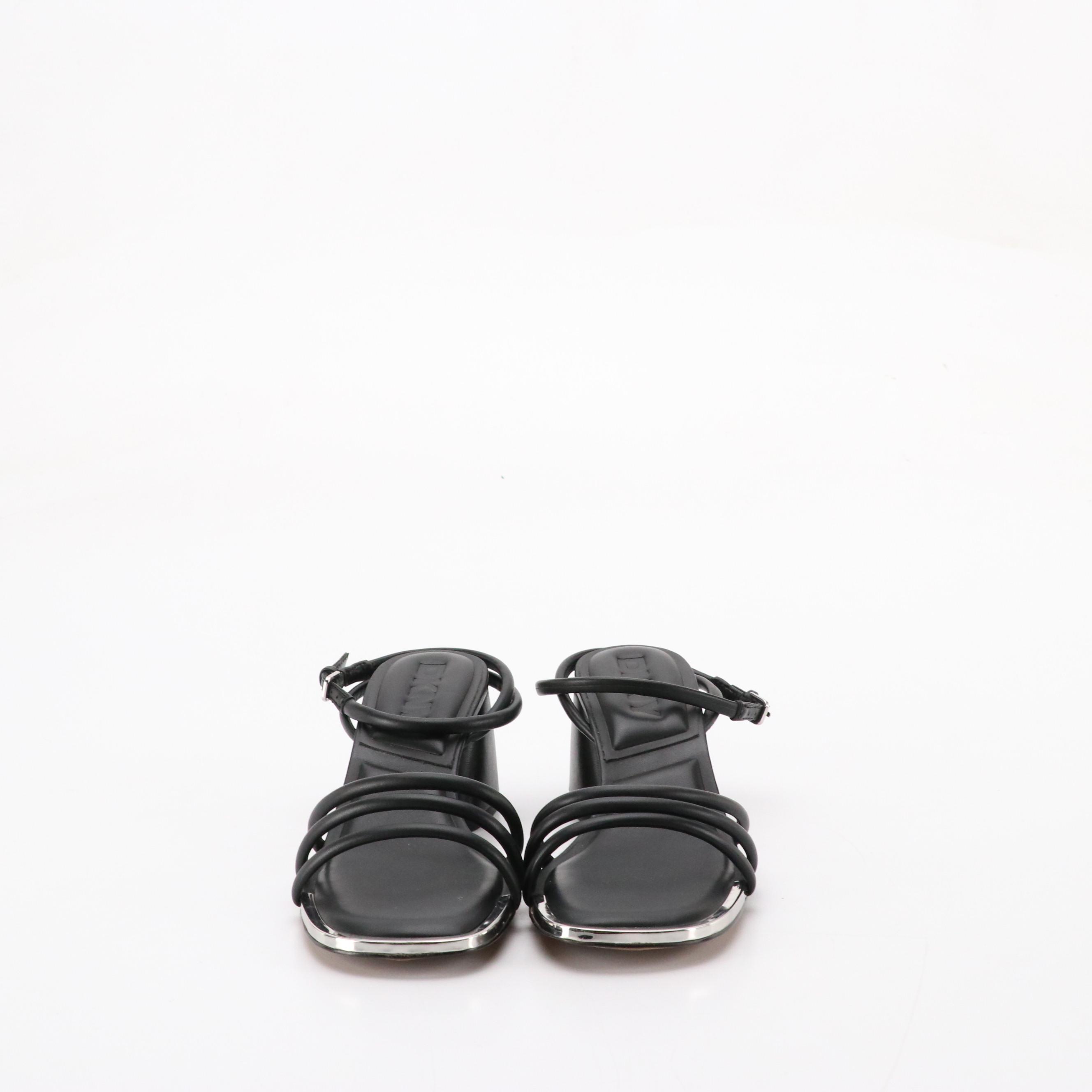 DKNY Trixie Ankle Strap Block Heel Sandals in Black Leather